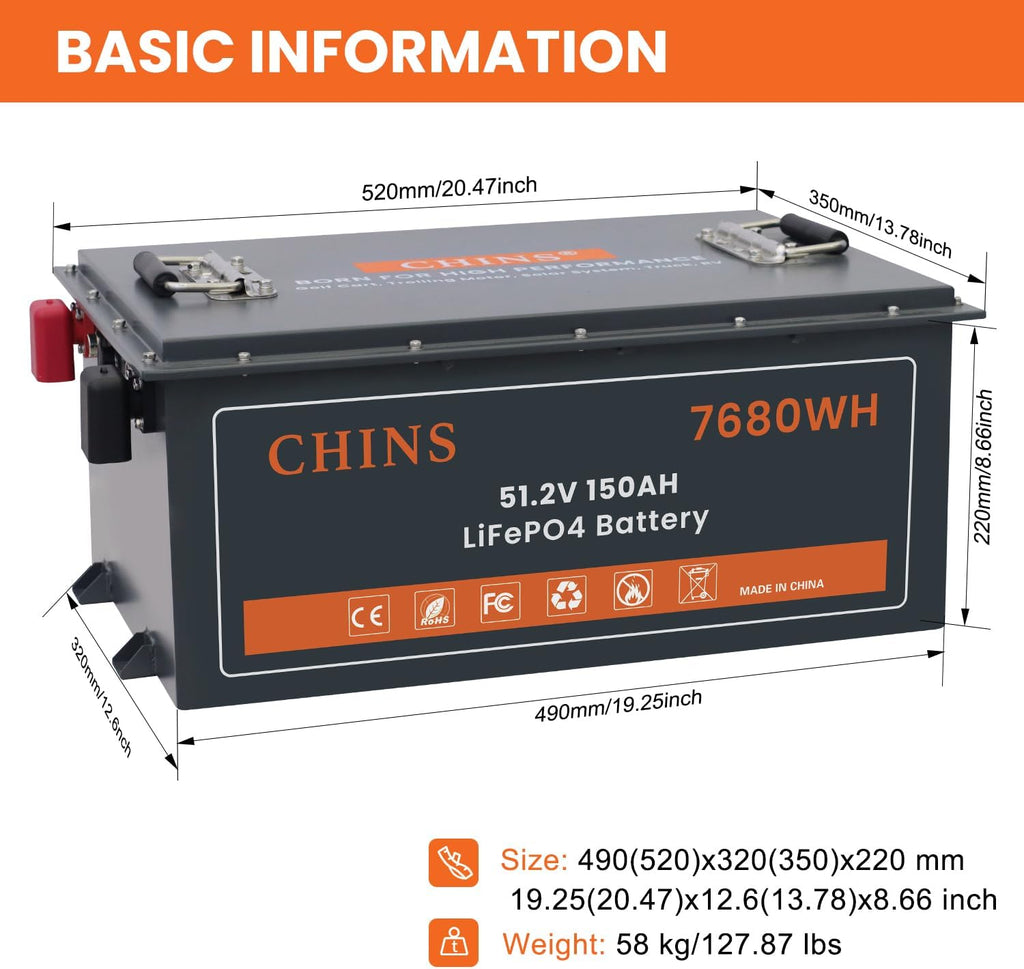 CHINS 48V 150Ah Lithium Golf Cart Battery, Built-in 200A BMS, Includes 48V 18A Charger, 48V Lithium Battery Golf Cart, Max 10.24kW Output 70 Miles Range, Perfect for Golf Cart
