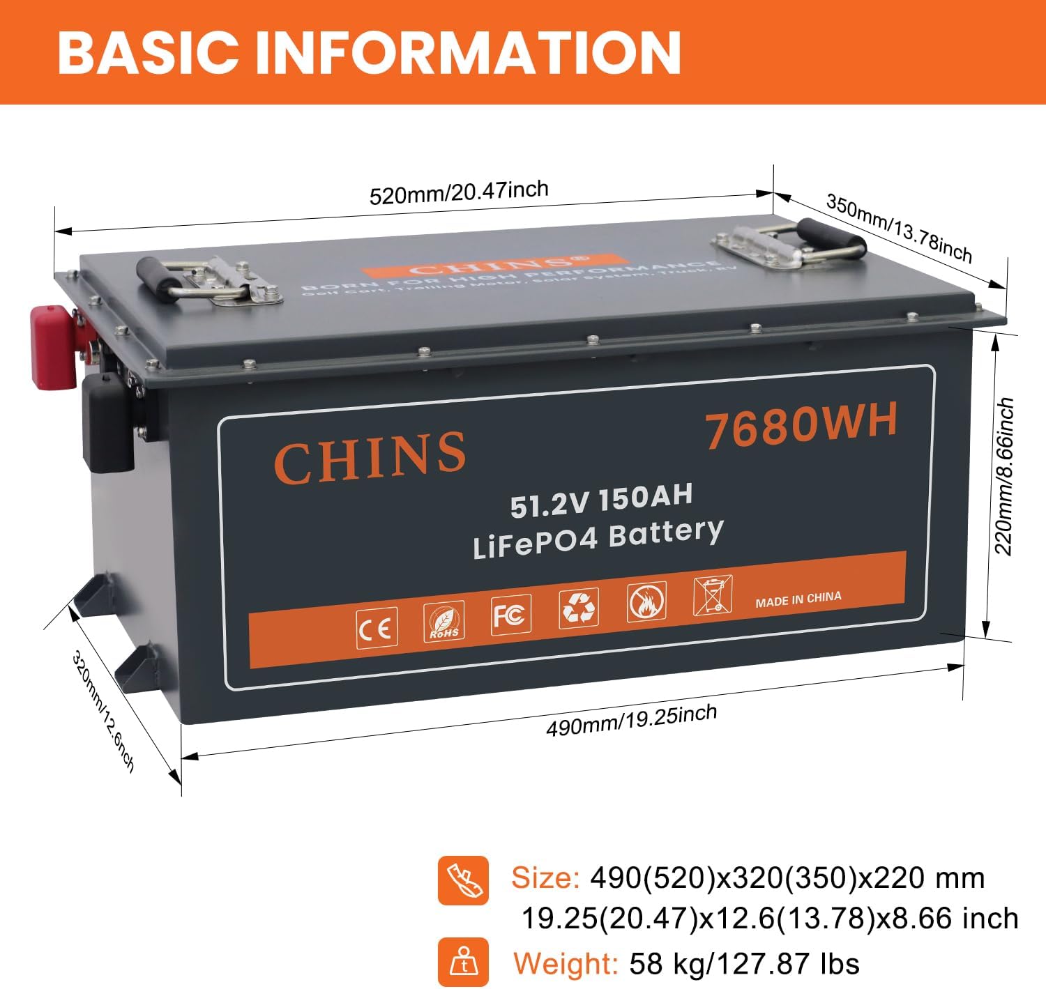 CHINS 48V 150Ah Lithium Golf Cart Battery, Built-in 200A BMS, Includes 48V 18A Charger, 48V Lithium Battery Golf Cart, Max 10.24kW Output 70 Miles Range, Perfect for Golf Cart