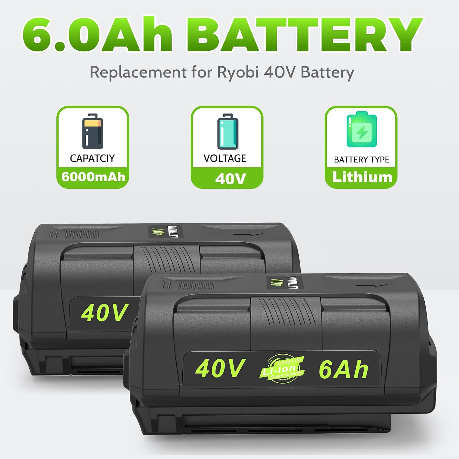 Labtec 2-Pack 40V 6.0Ah Lithium Battery for Ryobi & OP401S Charger Kit for Ryobi 40V Tools, High-Capacity Replacement for OP4026/OP4040/OP4050