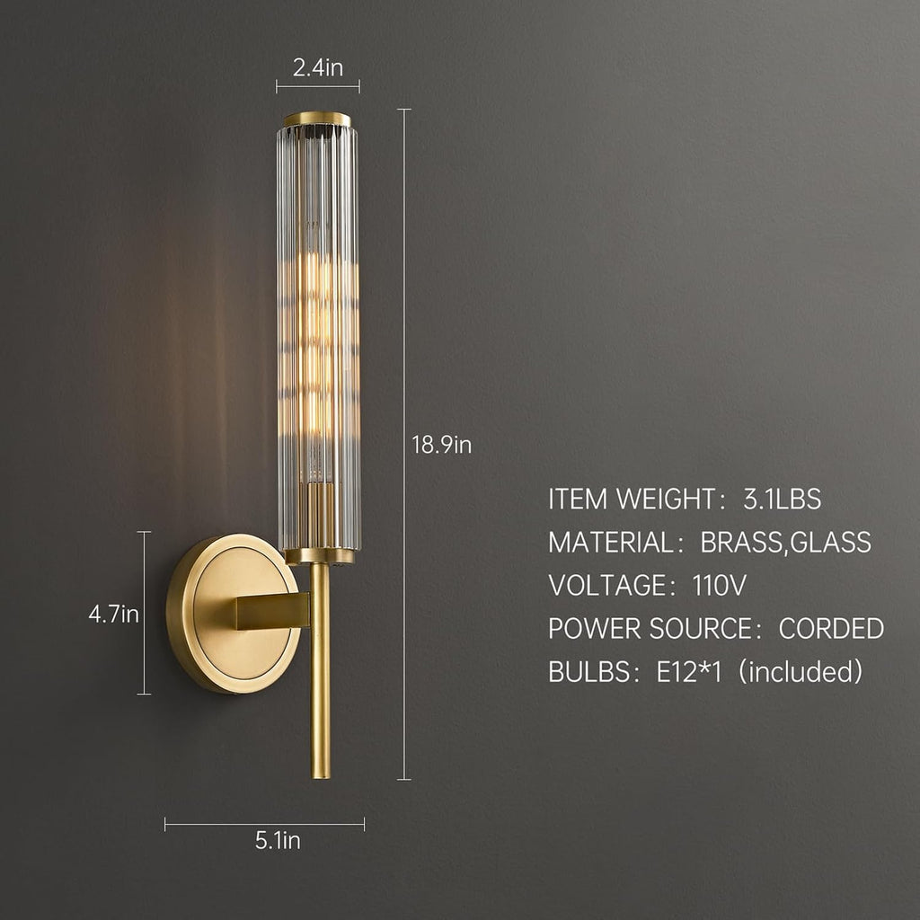 18.9' Solid Brass Wall Sconce with Ribbed Groove Glass Tube - Gold Wall lamp Includes Bulbs - Modern Brushed Copper Wall Sconces for Bathroom, Living Room, Hallway, Staircase, Mirror
