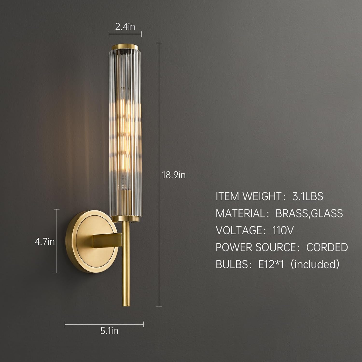 18.9' Solid Brass Wall Sconce with Ribbed Groove Glass Tube - Gold Wall lamp Includes Bulbs - Modern Brushed Copper Wall Sconces for Bathroom, Living Room, Hallway, Staircase, Mirror