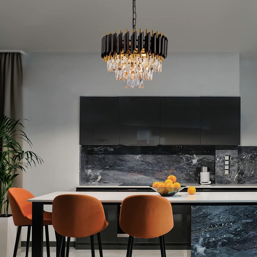 3-Tier Black Gold Crystal Chandelier 5-Light 15'' Modern Crystal Pendant Chandelier Ceiling Light Fixture Hanging Lighting for Kitchen Island Dining Room Foyer Entryway Bedroom