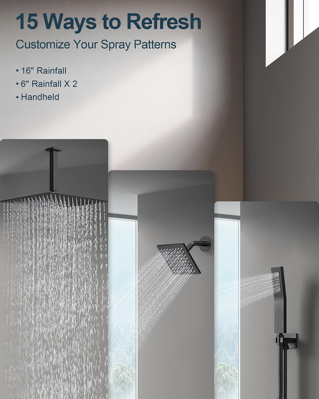 Thermostatic Shower System, 16' Ceiling Mount Rainfall shower Head with Double 6' Shower Head, Matte Black