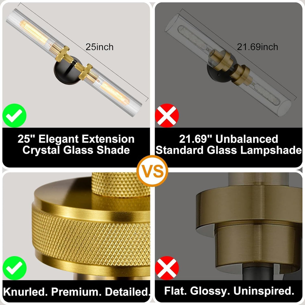 LaLuLa Black and Gold Vanity Light Fixtures 2-Pack – Modern Hardwired Dual-Light Wall Sconces with Rippled Glass Shades, Textured Metal Bathroom Lighting for Over Mirror or Hallway, 25' Height