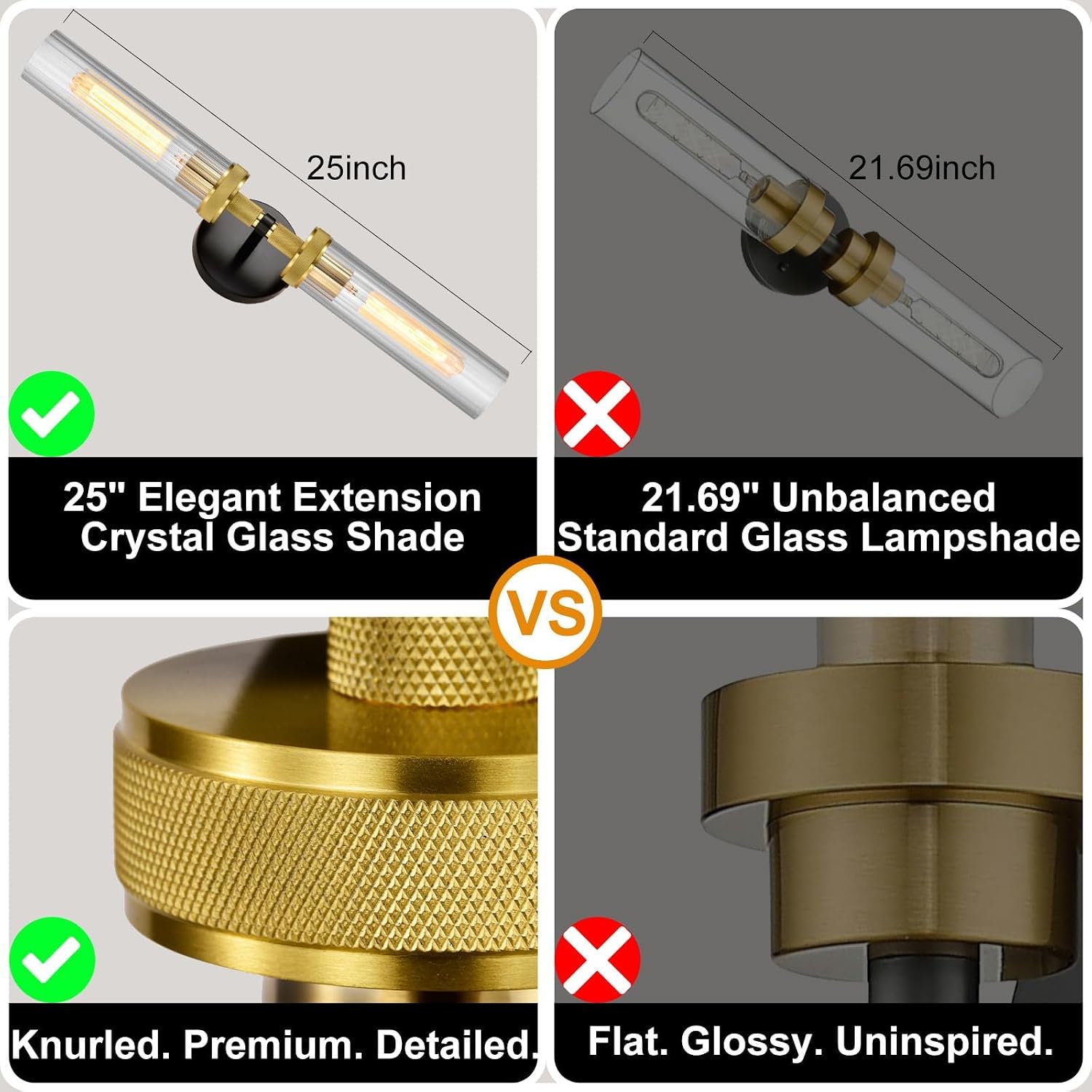 LaLuLa Black and Gold Vanity Light Fixtures 2-Pack – Modern Hardwired Dual-Light Wall Sconces with Rippled Glass Shades, Textured Metal Bathroom Lighting for Over Mirror or Hallway, 25' Height