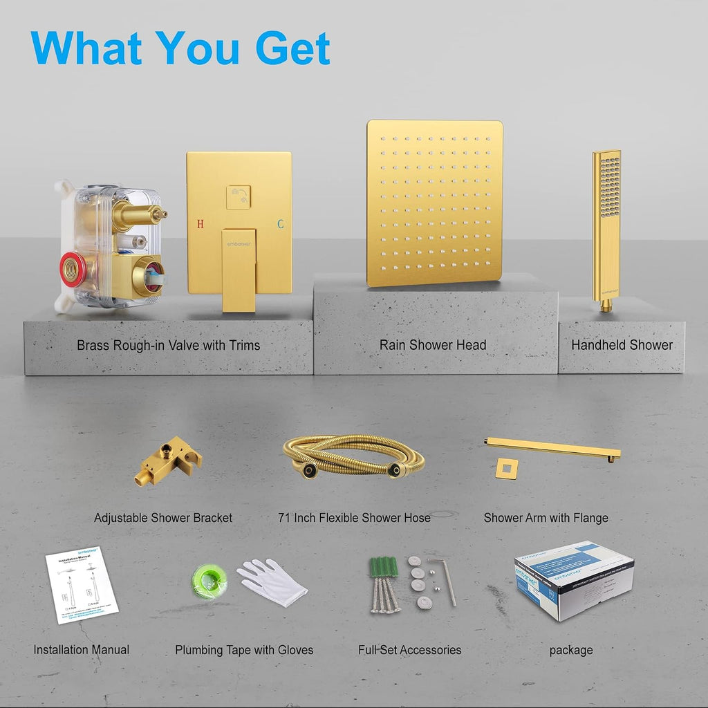 EMBATHER Brushed Gold Shower System- 12 inch Shower Faucet Sets with Rain Shower Head Hand Held Shower Head for Bathroom, Wall Mounted Square Shower Combo Set (Contain Shower Valve and Trim)