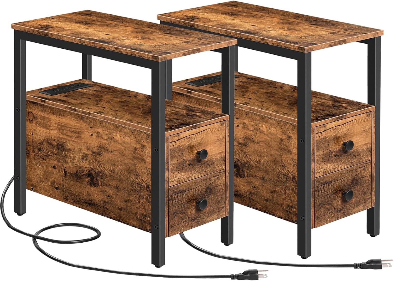 HOOBRO End Table with Charging Station, Narrow Side Table with 2 Drawer & Power Outlets, Nightstand Small Spaces, Rustic Brown and Black BF541BZP201