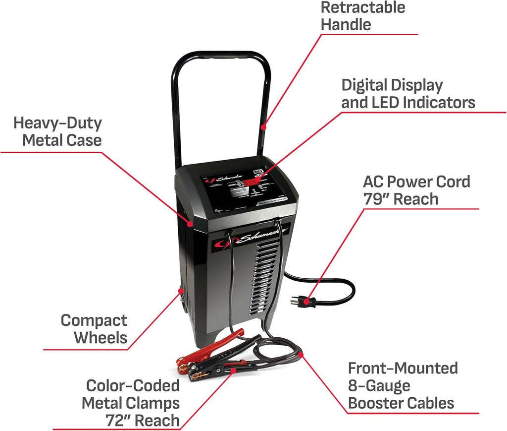 Schumacher Electric Wheeled Automatic 6A Car Battery Charger and 200A Engine Starter, 6-in-1 Solution, Maintainer, 40A Boost, for 6V/12V Power Sport, Automotive, and Marine Batteries, SC1309