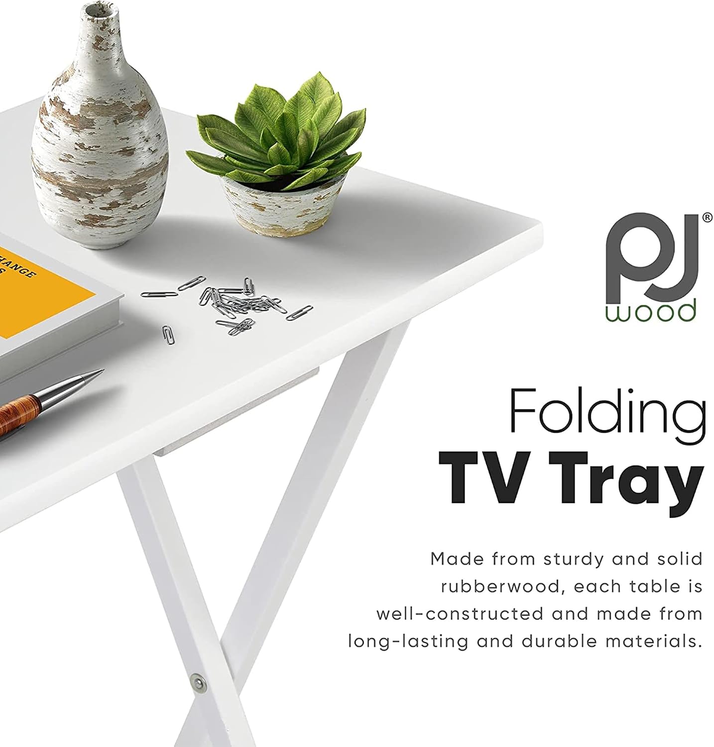 PJ Wood Conventional Solid and Sturdy Wood Construction Portable Folding TV Snack Tray Table Desk Serving Stand, White (8-Piece Set)