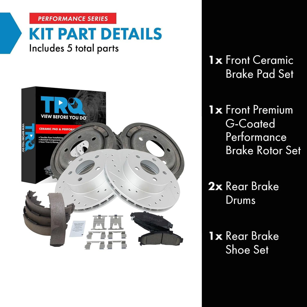 TRQ Front & Rear Brake Pad & Rotor,Shoe & Drum Kit Premium G-Coated Ceramic Performance Compatible with 1998-2002 Ford Ranger Mazda B3000 1998-2000 B4000