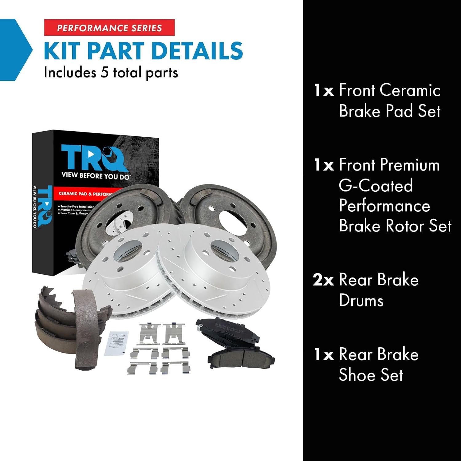 TRQ Front & Rear Brake Pad & Rotor,Shoe & Drum Kit Premium G-Coated Ceramic Performance Compatible with 1998-2002 Ford Ranger Mazda B3000 1998-2000 B4000
