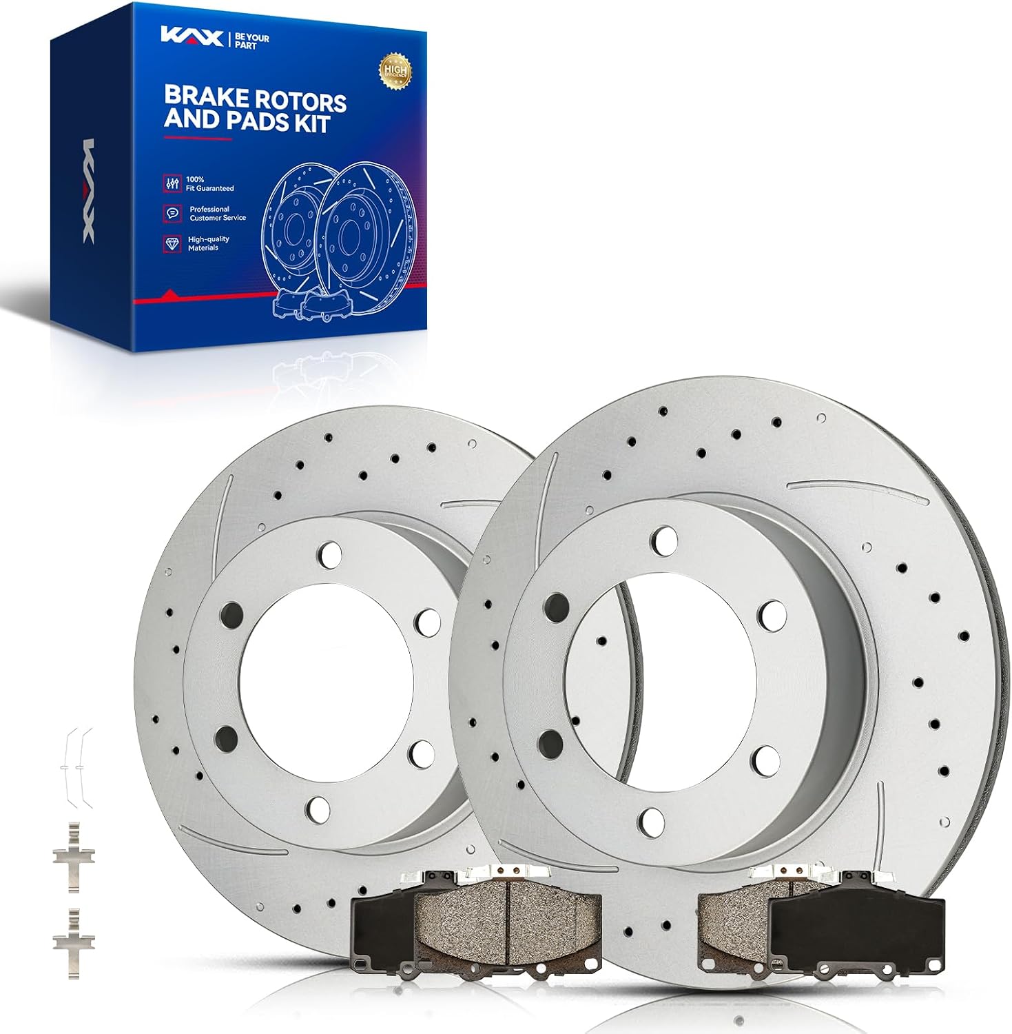KAX Front Brake Pads and Rotors for Toyota 4Runner 1996-2002, Tacoma 2004, Drilled and Slotted Solid Disc Brake Rotor Ceramic Brake Pad Replacement (#31204+D611, 12.54inch, 318.5MM)