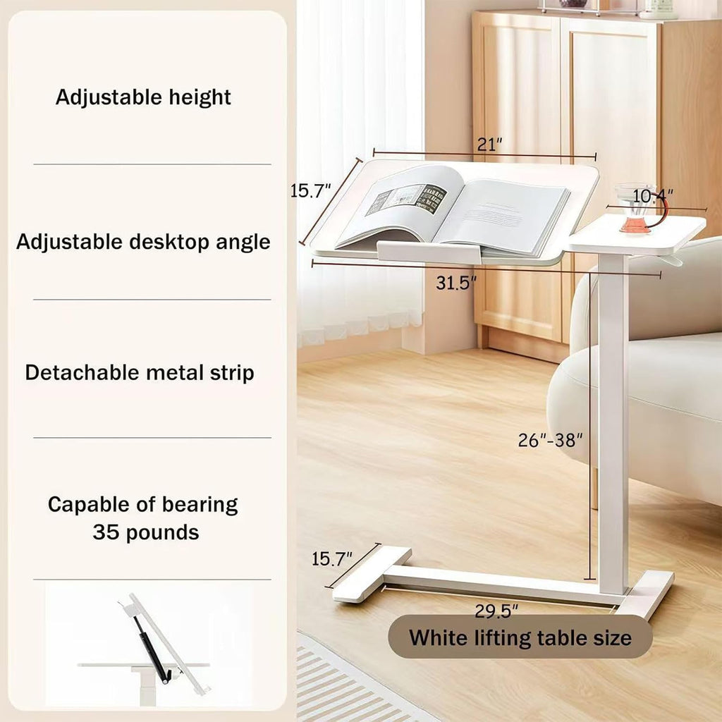 Upgraded Overbed Bedside Desk with Hidden Wheels, Height Adjustable Rolling Laptop Stand with Extended Front Stopper, Tilting Over Bed Table for Bed Sofa, White