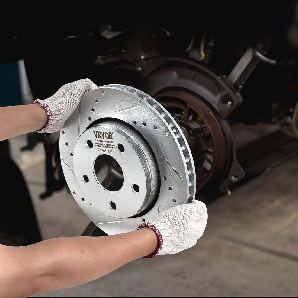 VEVOR Front and Rear Brake Kit Compatible with 2007-2017 Jeep Wrangler, Drilled and Slotted Brake Rotors Ceramic Brake Pads Replacement, 11.9' Front Rotors 12.4' Rear Rotors