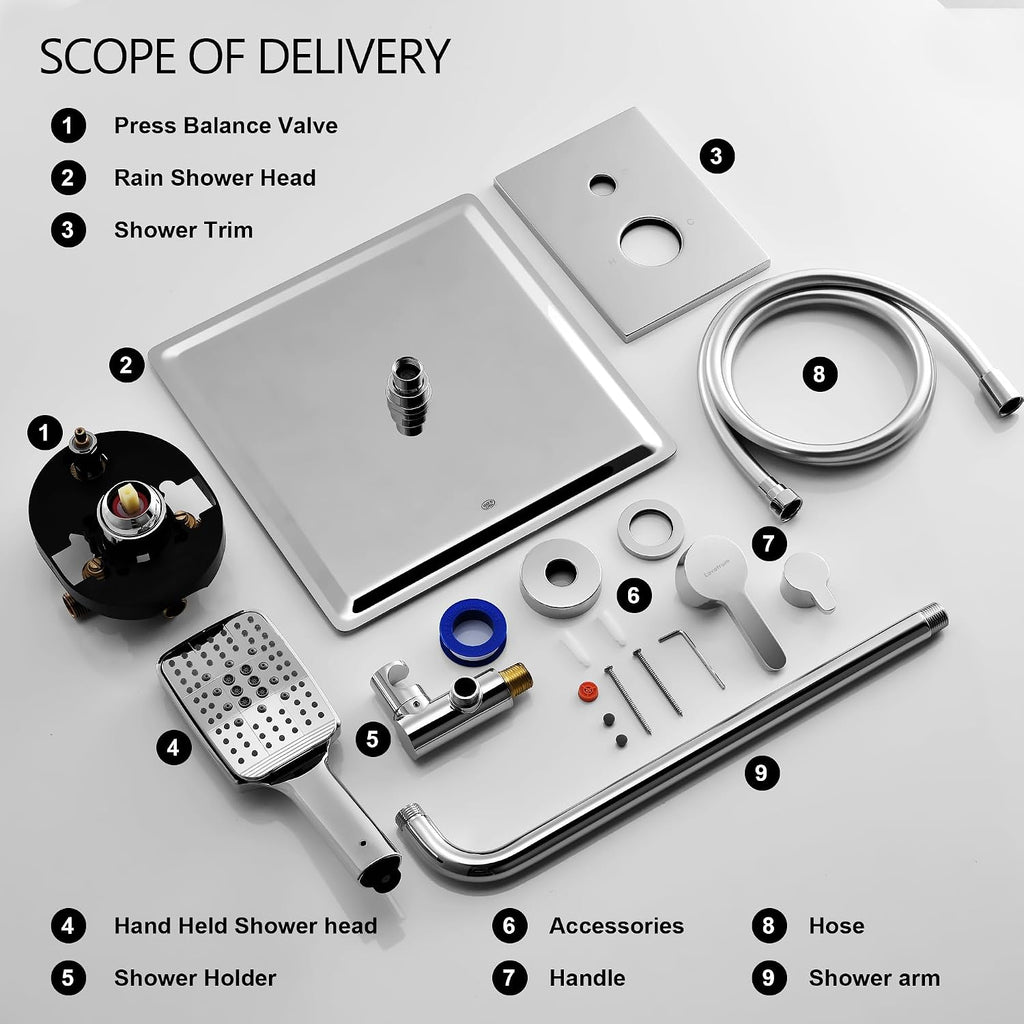 Shower Faucet Set - 12 inches Rain Shower System with 6 Function Handheld Shower Head Rough in Pressure Balance Valve Kit - Stainless Steel Bathroom Shower Kit Complete （Polished Chrome）