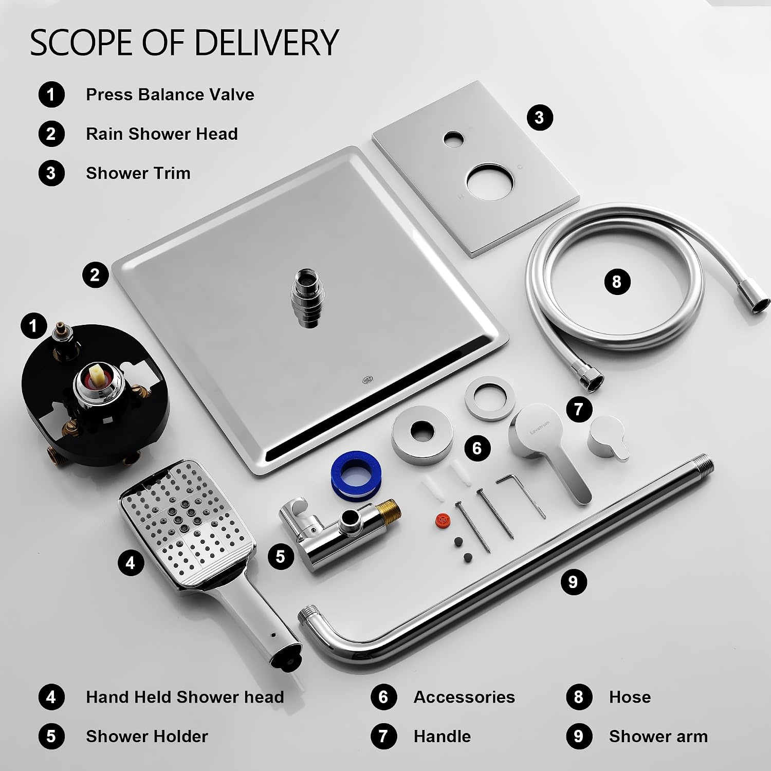 Shower Faucet Set - 12 inches Rain Shower System with 6 Function Handheld Shower Head Rough in Pressure Balance Valve Kit - Stainless Steel Bathroom Shower Kit Complete （Polished Chrome）