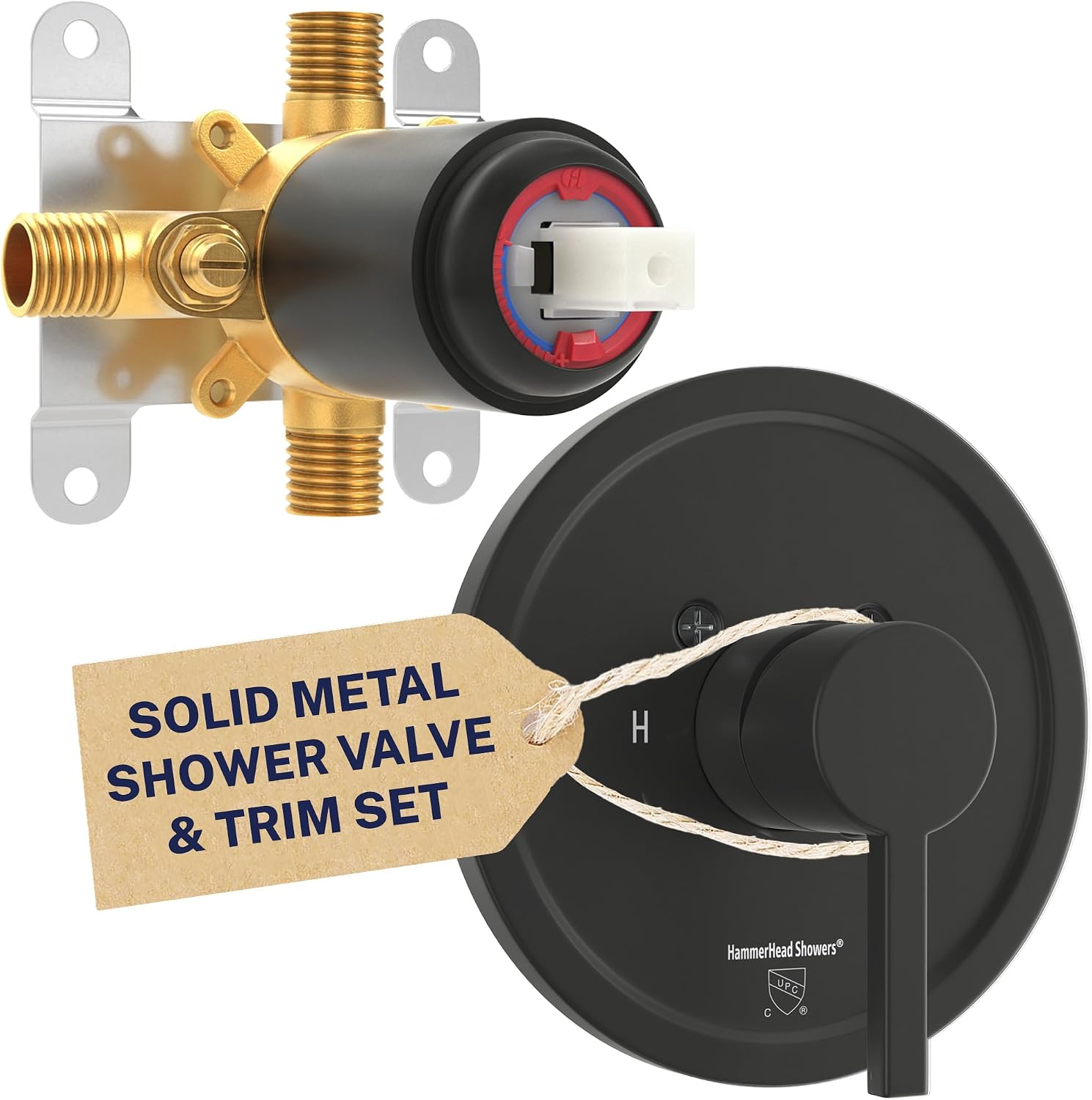 HammerHead Showers Solid Metal Single-Handle Trim Kit with Rough-In Shower Valve, Volume and Temperature Control, Pressure Balance, Matte Black