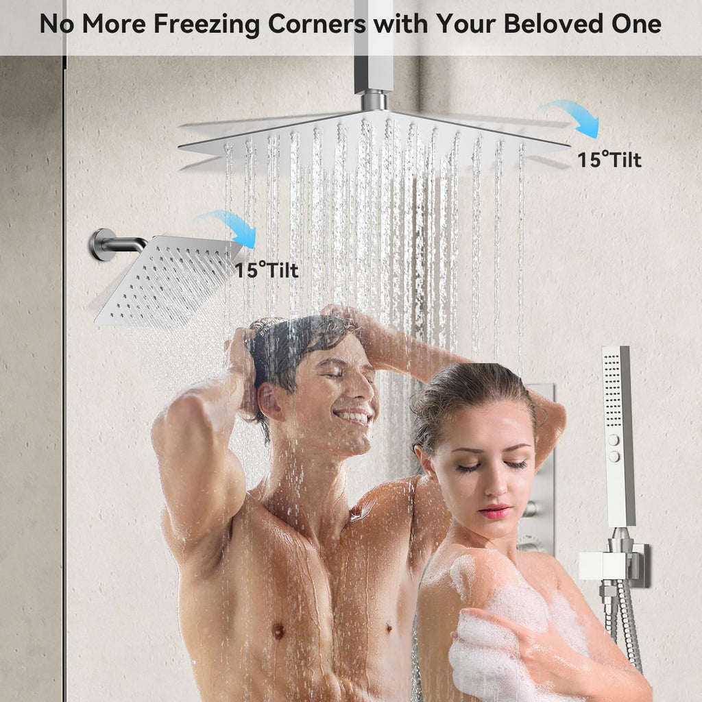 Shower Faucet Set,Thermostatic Shower System,12 Inch Ceiling Mounted and 6 Inch Wall Mount Rain Shower Head with 2 in 1 Handhled,High Pressure Dual Shower Head Combo Set