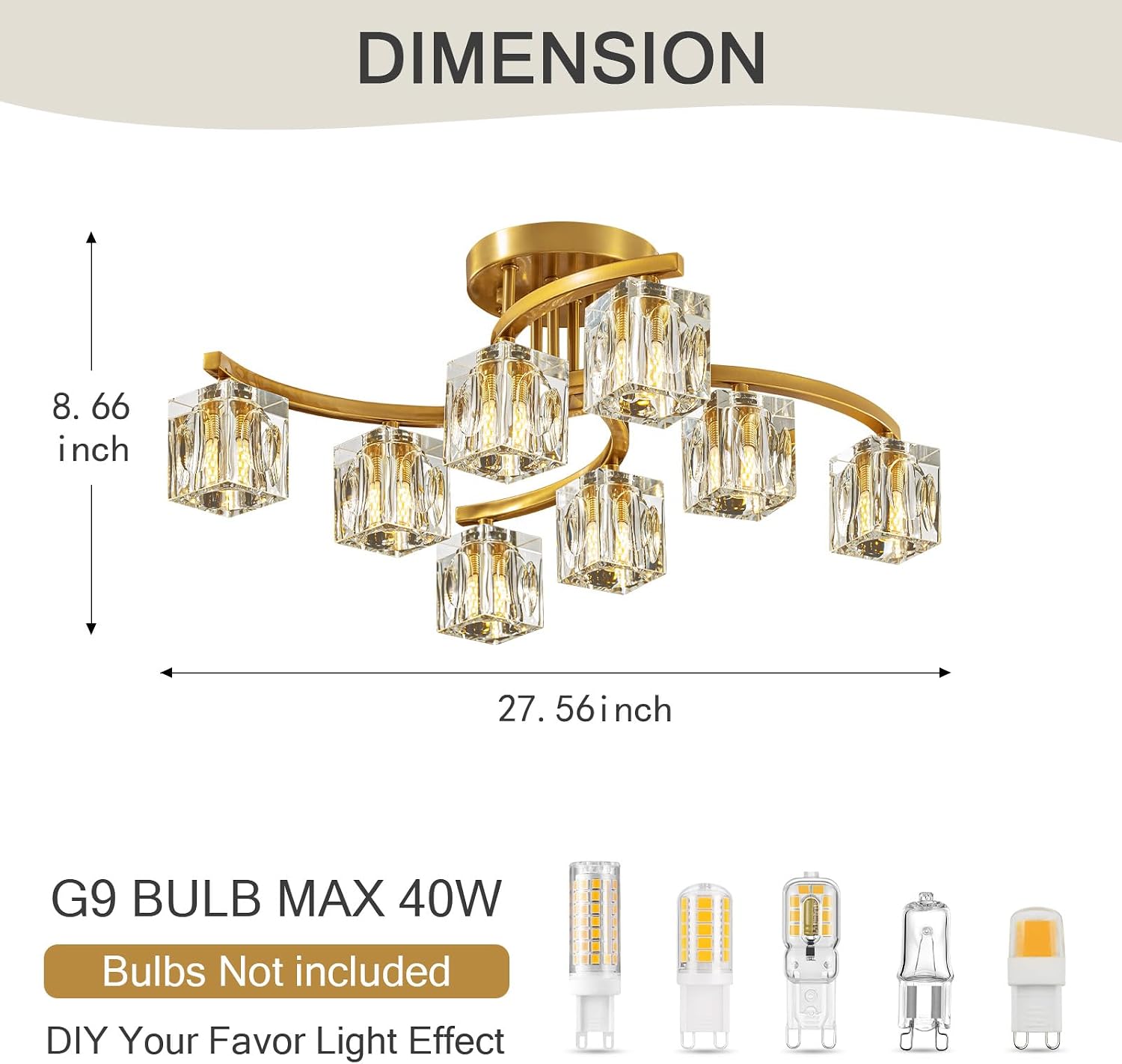 Gold Semi Flush Mount Ceiling Light Fixture, 8-Light Modern Chandelier with K9 Crystal for Living Room, Bedroom, Kitchen，Entryway Light