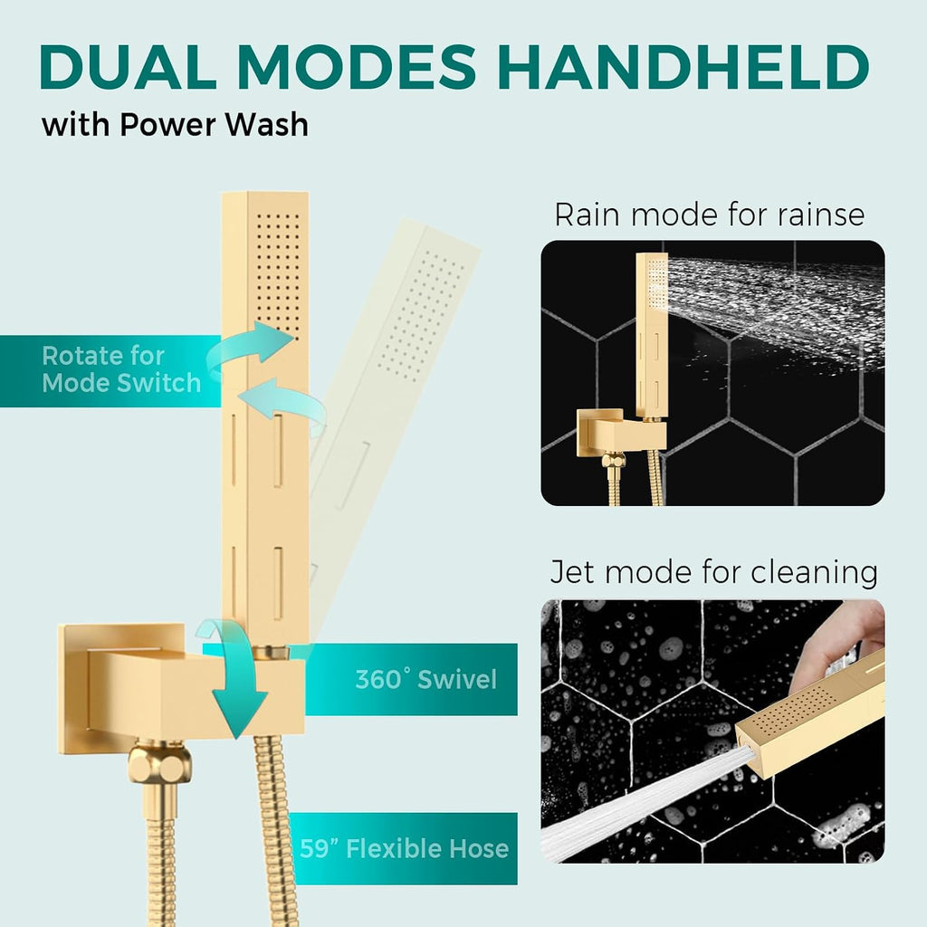 Brushed Gold Dual Heads Shower Faucets Set Thermostatic Shower System, 4-Way Shower Fixture 14X20' LED Rainfall Shower Head with 6inch Wall Mount Showerhead, Dual-mode Handheld, 4 Jets with Shut-Off