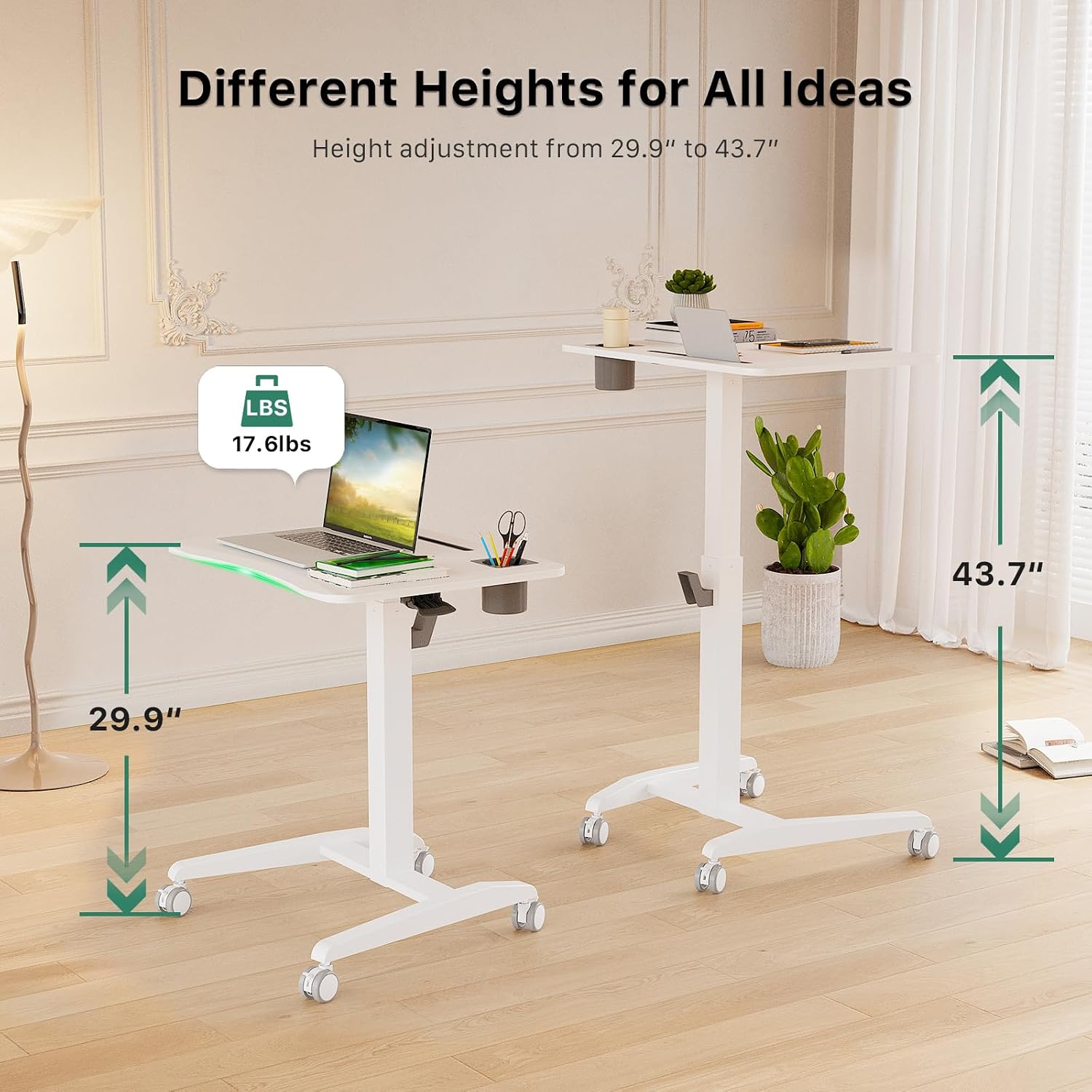 Gibbon Mounts Mobile Standing Desk, Height Adjustable Rolling Laptop Desk, 27 inches Portable Sit Stand Desk with Wheels and Hook, Pneumatic Computer Table, White