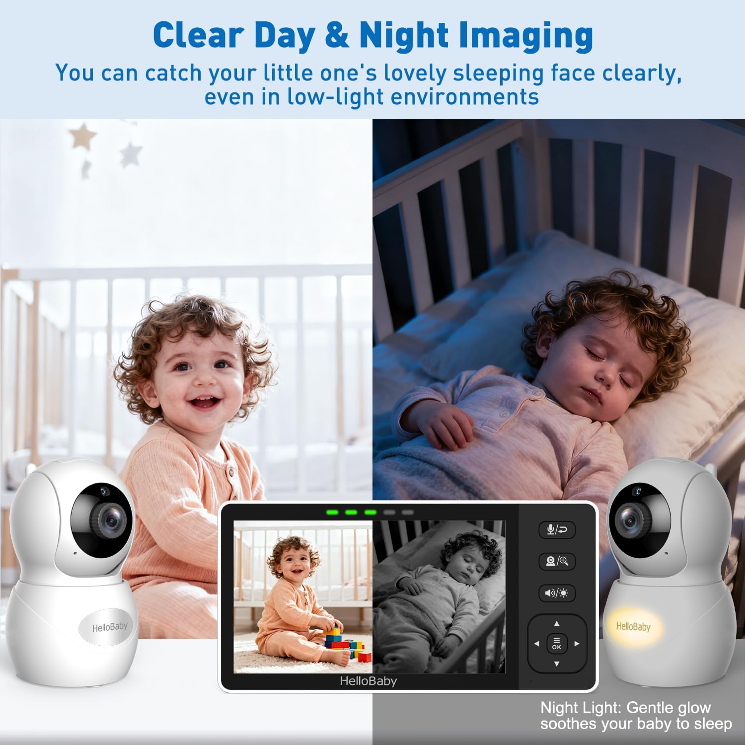 HelloBaby 5.5' 720P HD Baby Monitor with 4 Cameras,Split Screen Display,Video Baby Monitors,No WiFi,Remote Pan/Tilt/Zoom,Night Light,4000mAh Battery,Wide View,Ideal for Twins/Multiple Children