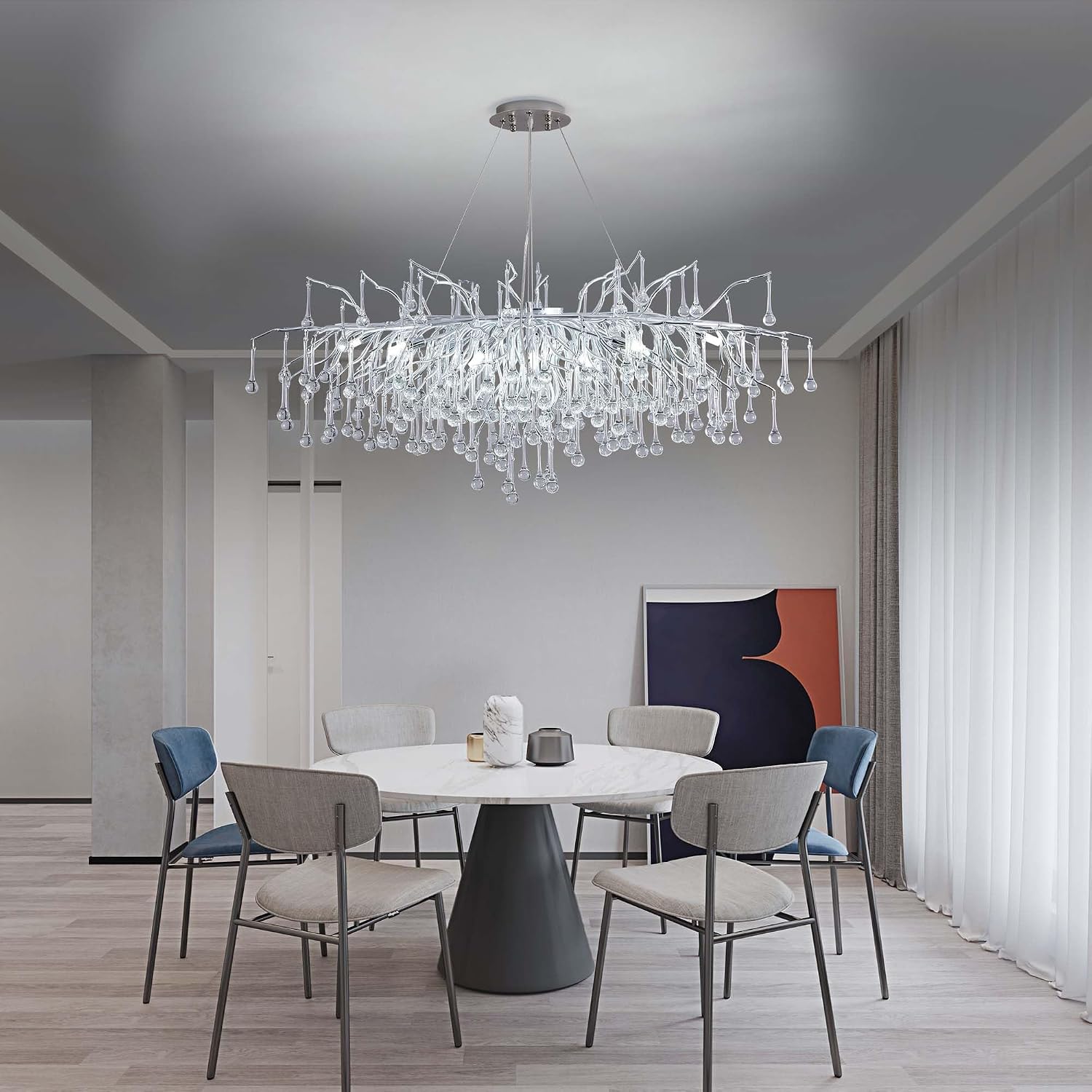 Modern Crystal Raindrop Chandelier, L40'' Silver Linear Rectangle Art Deco Tree Branch Lighting Fixture for Kitchen Island Living Room Foyer Staircase 10 Lights