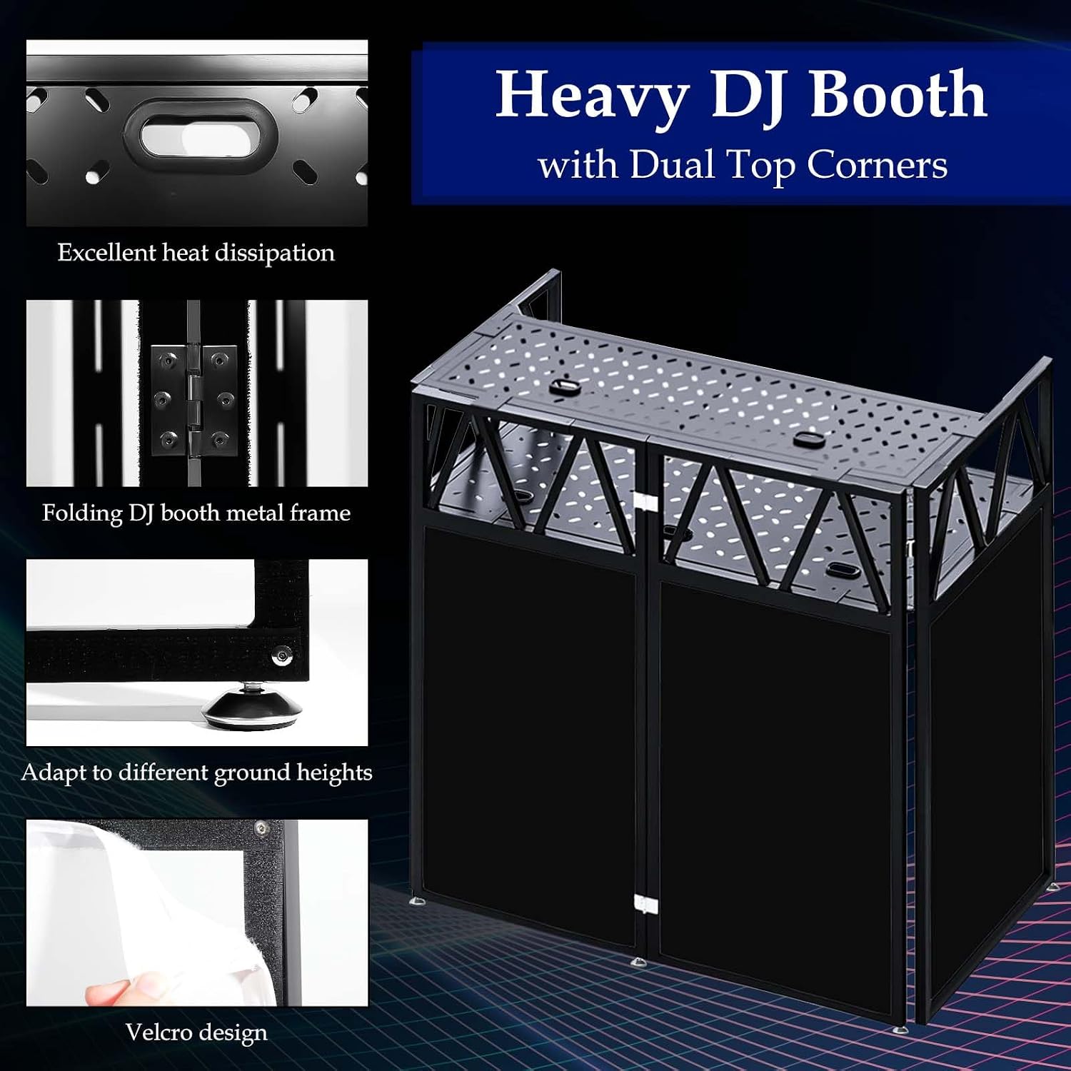 Portable DJ Booth Facade Stand, Foldable DJ Table 40' x 20' x 45' Tabletop, DJ Facade Station for DJ Controller, Mixer & LaptopEvents&Parties – Includes Carry Bag&Two Metal Corner Tables.