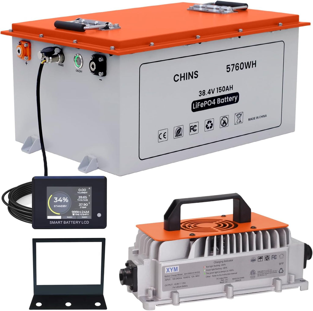 CHINS 36V 150Ah Lithium Golf Cart Battery, Built-in Smart 200A BMS, Includes 36V 25A Charger, 36V Lithium Battery, Max 7.68KW Output 70 Miles Range, Perfect for Golf Cart