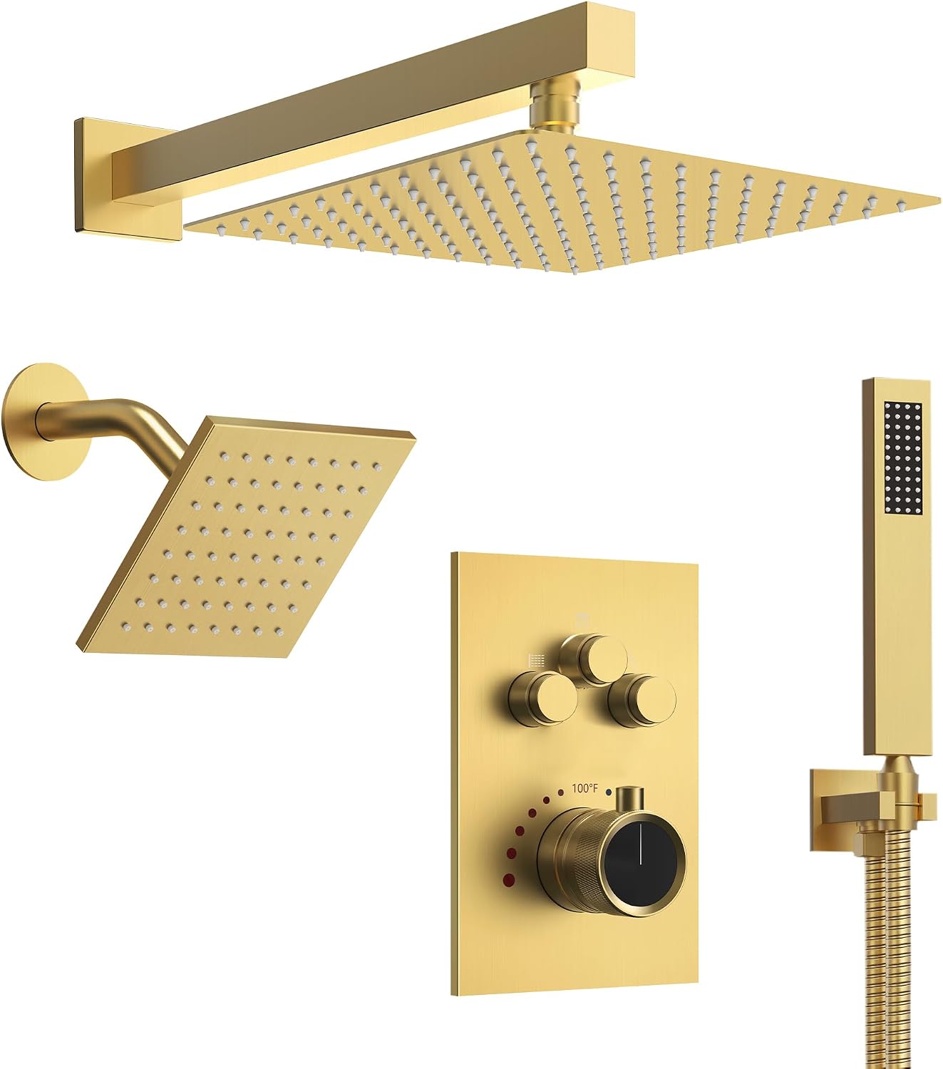 Wall Mount 12' High-Pressure Rainfall Shower Faucet, Dual Rainfall Shower Head System with Valve (Brushed Gold)