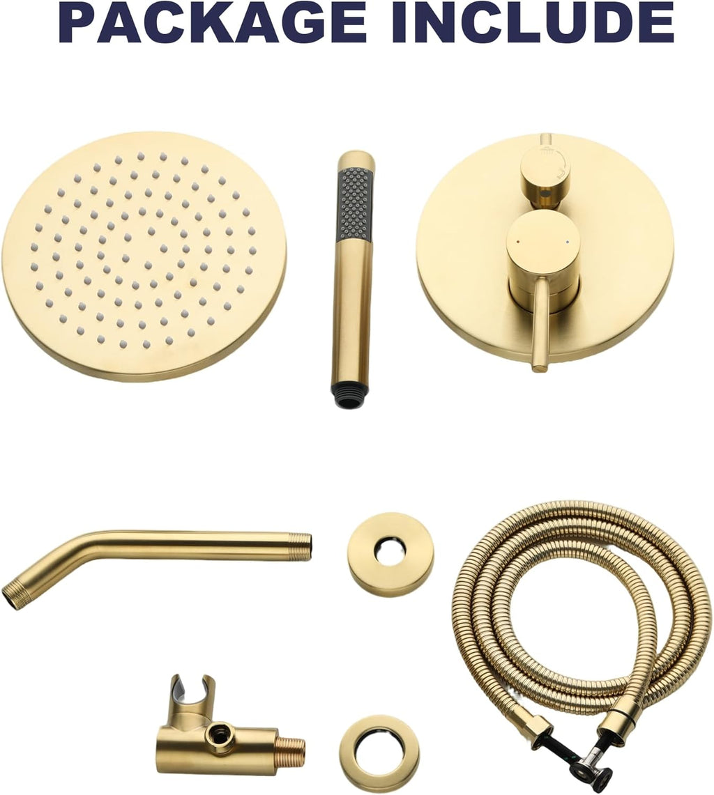 Shower System, Gold Shower Faucet Set, 8' Rainfall Shower Head and Handheld Spray Combo, Round Shower Head and Handle Set with Valve and Trim Kit, Brushed Gold