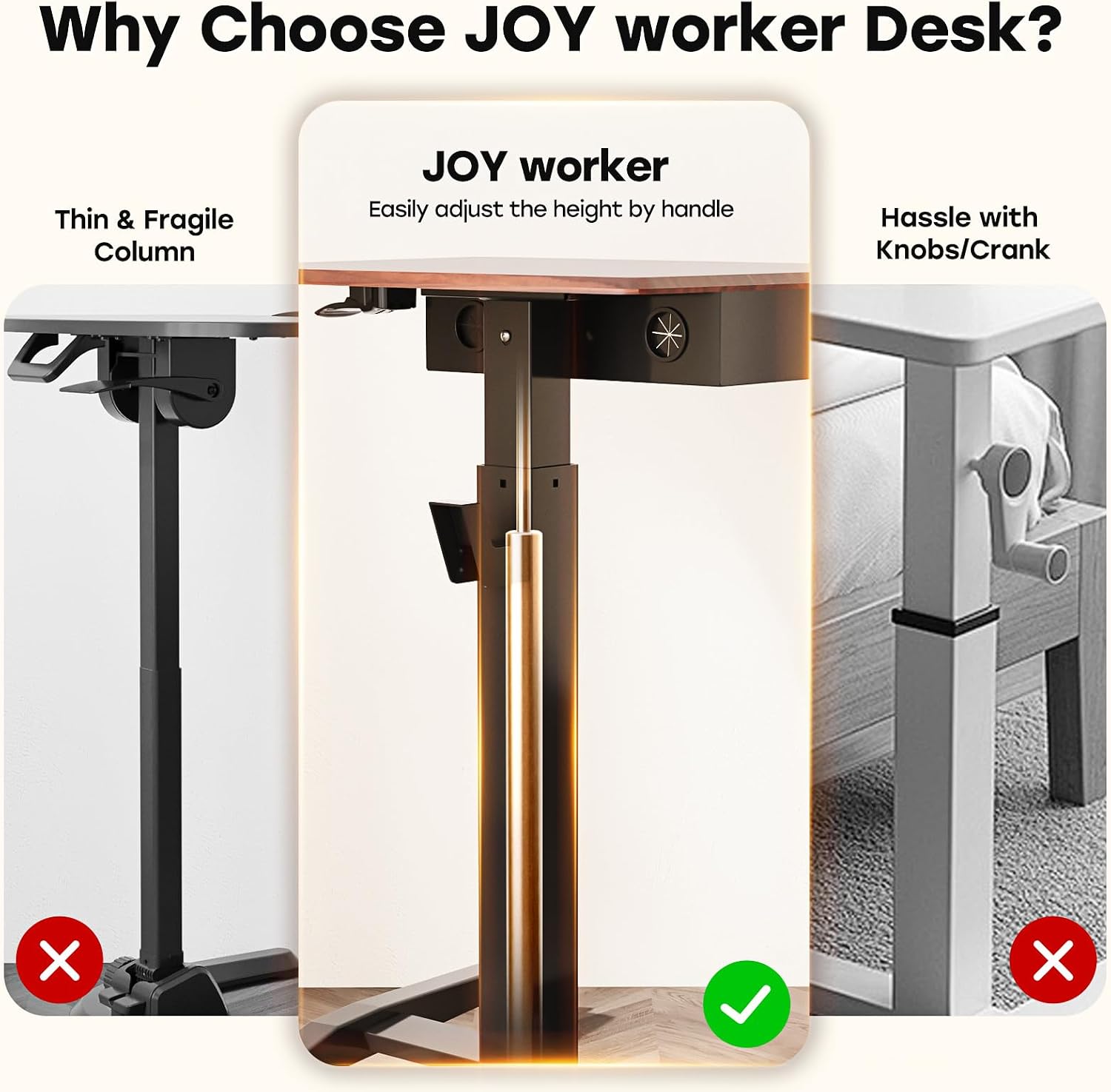 JOY worker Height Adjustable Rolling Laptop Desk with Shelf,Mobile Standing Desk,Pneumatic Mobile Laptop Table with Wheels for Couch Home Office School,Holds Up to 22lbs,Dark Walnut