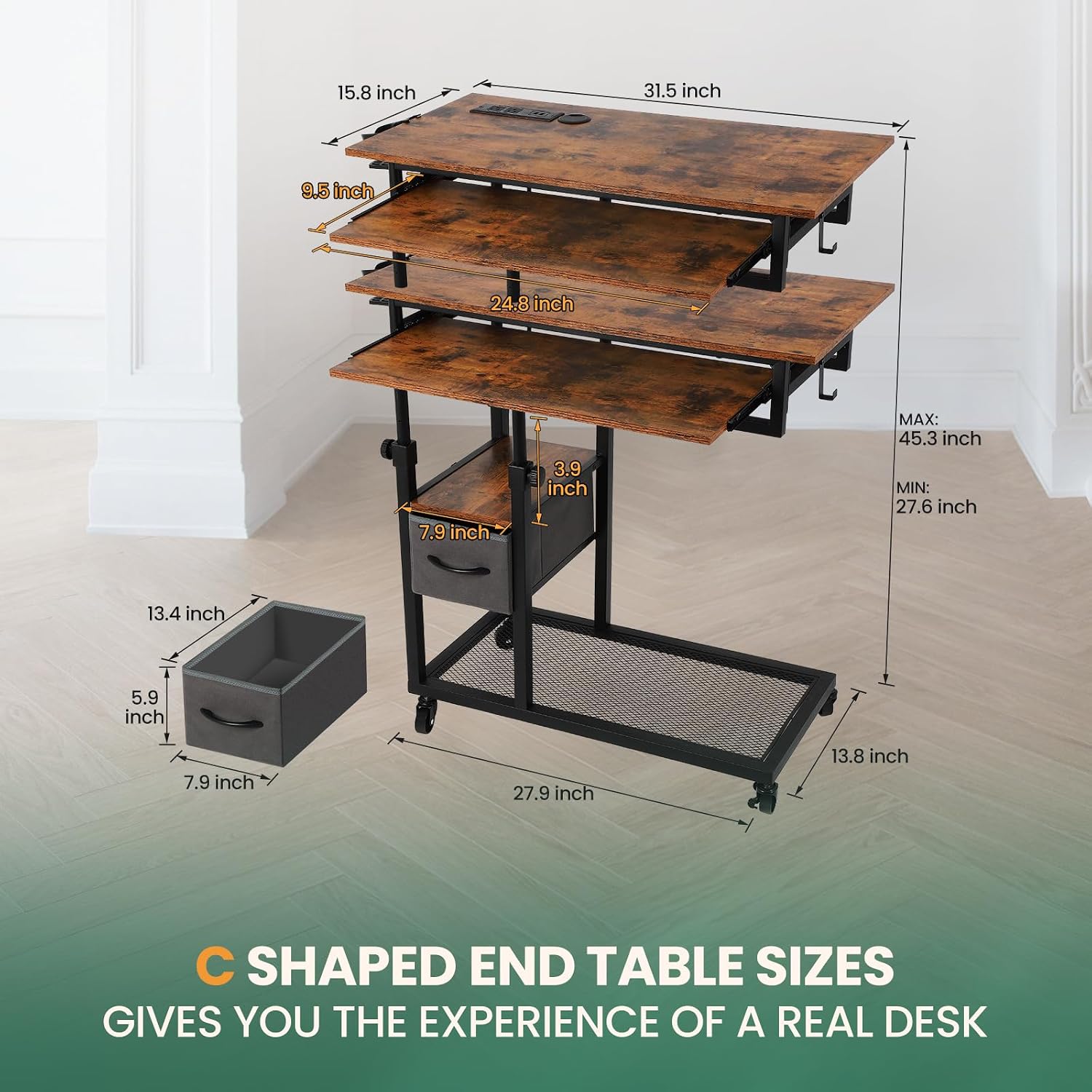 FAHKNS Adjustable C Table with Charging Station, Tiltable Desk C Shaped End Table for Couch, Over Bed Table with Wheels Adjustable Height, Hospital Laptop Stand Drawing Desk