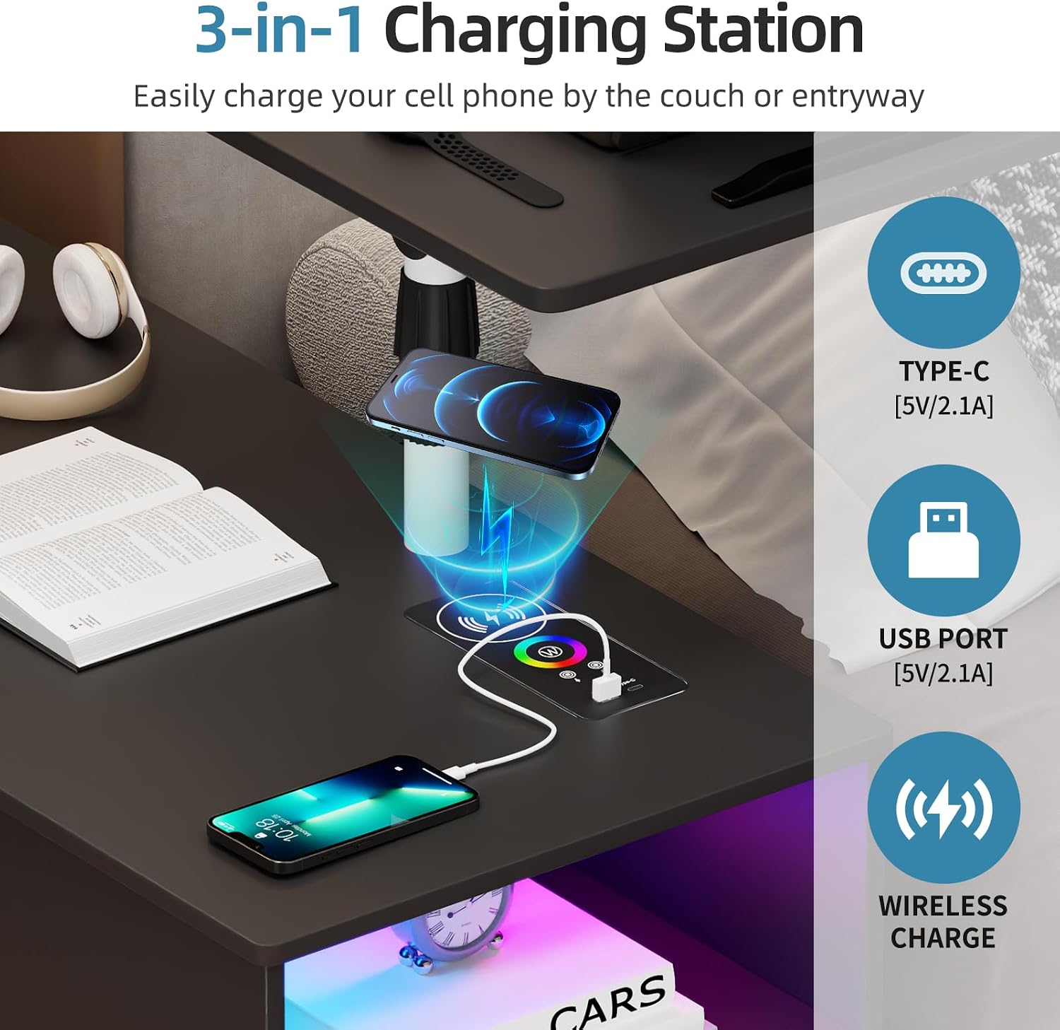 Gurexl 360° LED Nightstand with Wireless Charging Station, Movable Adjustable Bedside Table with Laptop Tray, Auto Sensor Night Stand for Bedroom (Black)