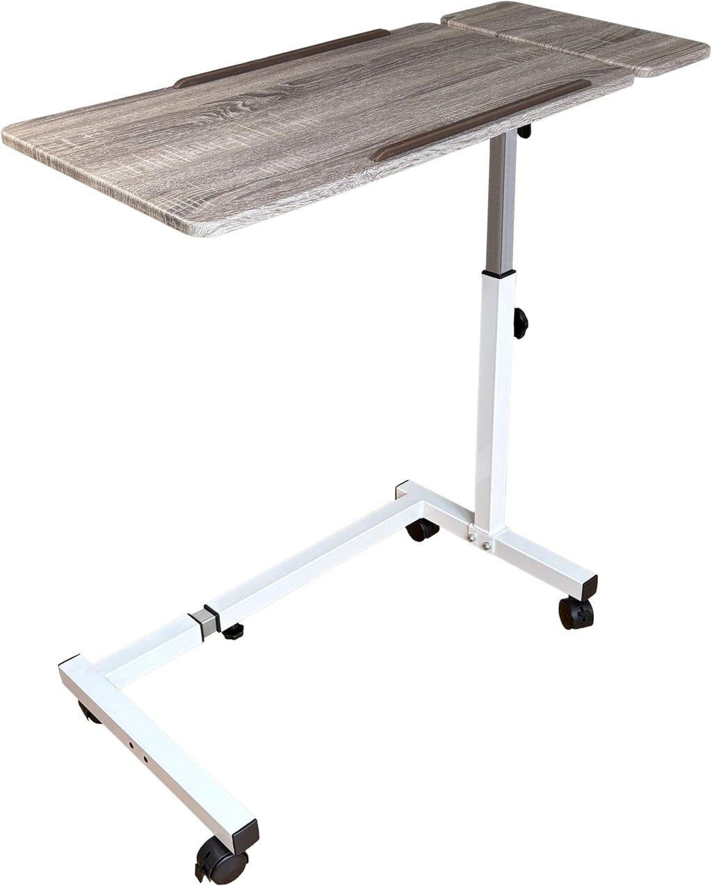 Recliner Table, Over the Bed Table with Wheels, Adjustable Width & Height, with Split Tilt Design & 4 Caster Wheels with Brakes (Rustic Oak Tabletop, White Base)