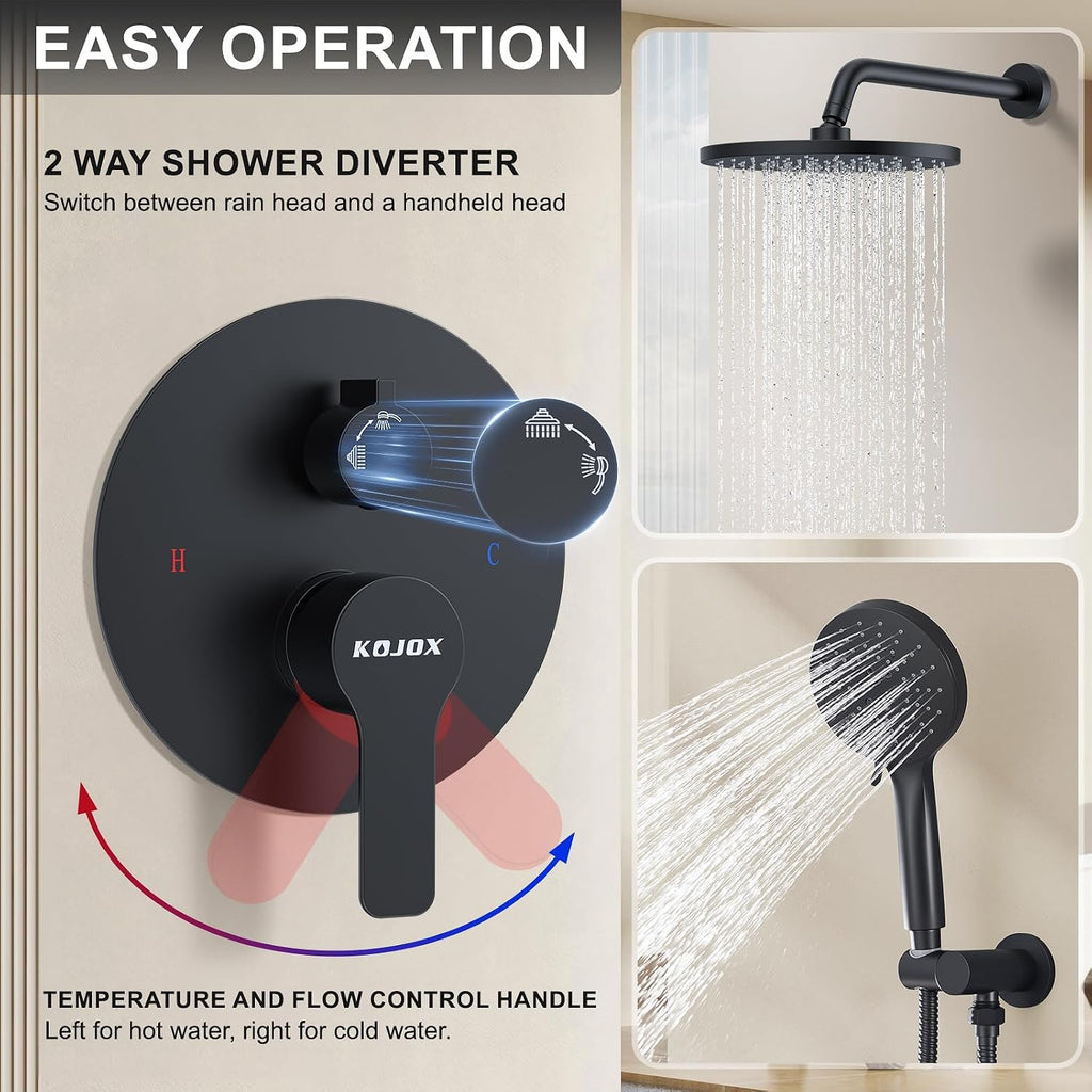 KOJOX Shower System- High Pressure Shower Head- 3 Setting Headheld Shower Head Fixtures- Shower Valve Included (Matte Black)