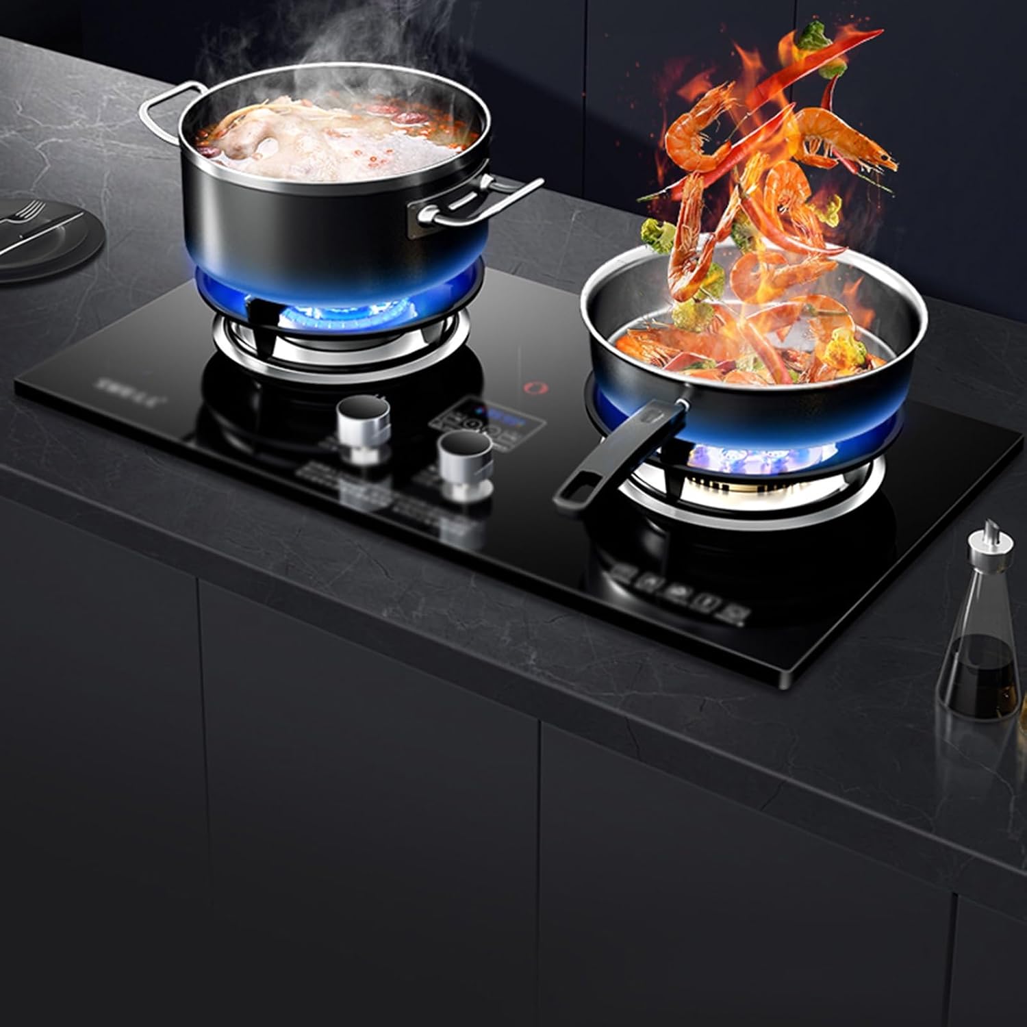 Gas Stove,17760 BTU Tempered Glass Tabletop/built-in Gas Cooktop 2 Burners,Pulse Ignition,Suitable for Home and Commercial Use,LPG/NG (Size : NG)