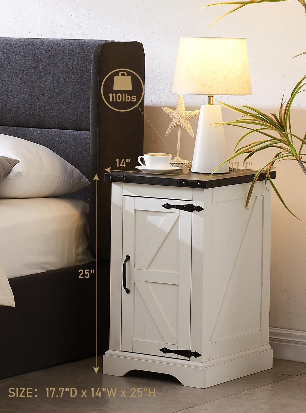 JXQTLINGMU Nightstand with Charging Station, Rectangular Farmhouse End Table with Barn Door and Adjustable Storage Shelf, 17' Deep Wood Rustic Sofa Side Table for Living Room, Bedroom, White | with Charging Station