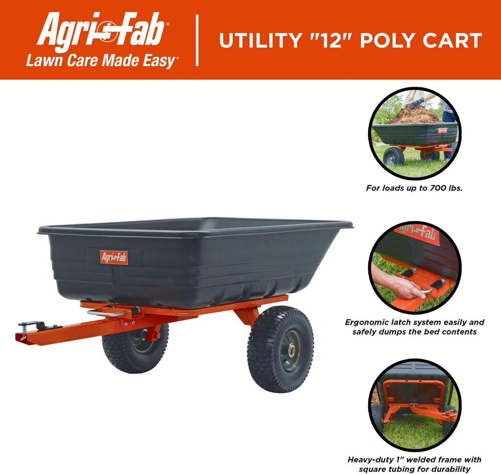 Agri-Fab 45-0552 700 lbs Tow Behind Poly Dump/Swivel Cart, 12 CU. FT. Capacity; Lawn & Garden Cart/Trailer for Lawn Mowers, 15' Pneumatics Tires, Easy to Use Hand Dumping Mechanism