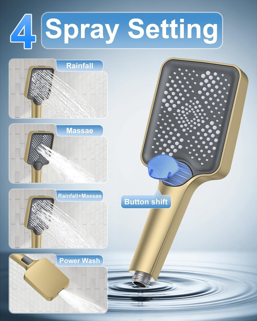 Shower System 13-Inch Rainfall Shower Head - 3 Setting Handheld Sprayer, Complete Bathroom Set with Faucet Mixer Trim Kit & Valve Brushed Gold