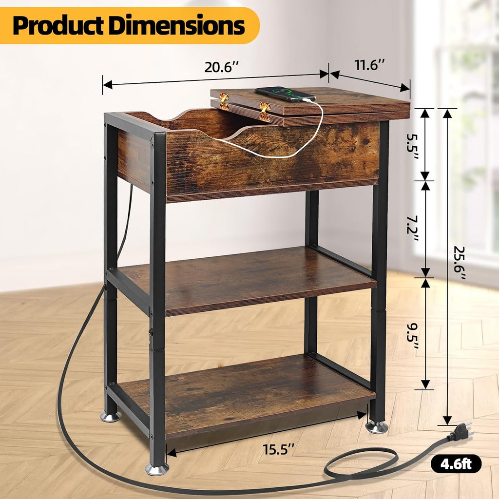 TooCust Flip Top End Table with Charging Station Set of 2, 12' D×21' W×26' H Small Side Tables with Storage & Shelves, Compact Side Table for Small Spaces, End Tables Living Room Set of 2, Brown