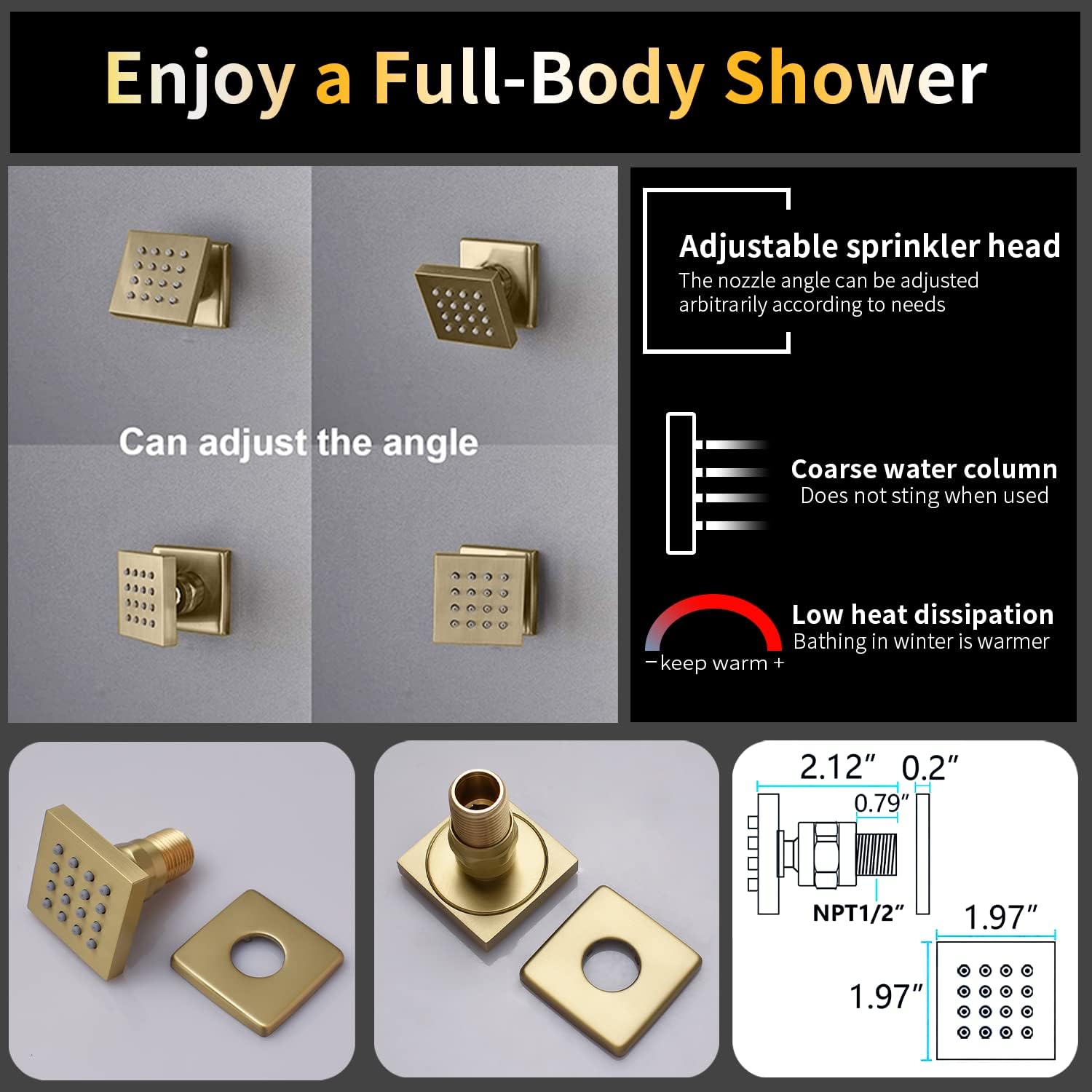 AYIVG Brushed Gold 4 Function Dual Shower Heads System Multi Functions 16 X 26 Inch Rainfall and 8 Inch Wall Mount with 6 Jets Full Body Shower System Set with Handheld shower head
