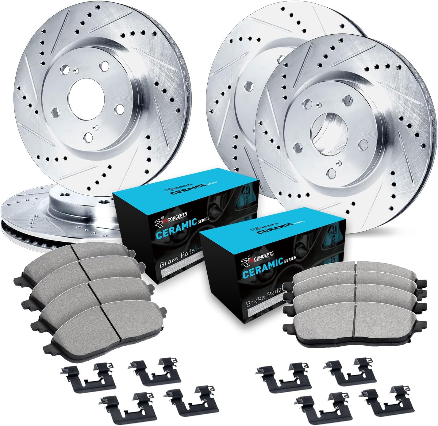 R1 Concepts Front and Rear Brake Kit Fits 2018-2025 Volkswagen Atlas; 2020-2025 Volkswagen Atlas Cross Sport| Ceramic Pads, Drilled Slotted Rotors| Hardware| 13.2' Front & 12.2' Rear