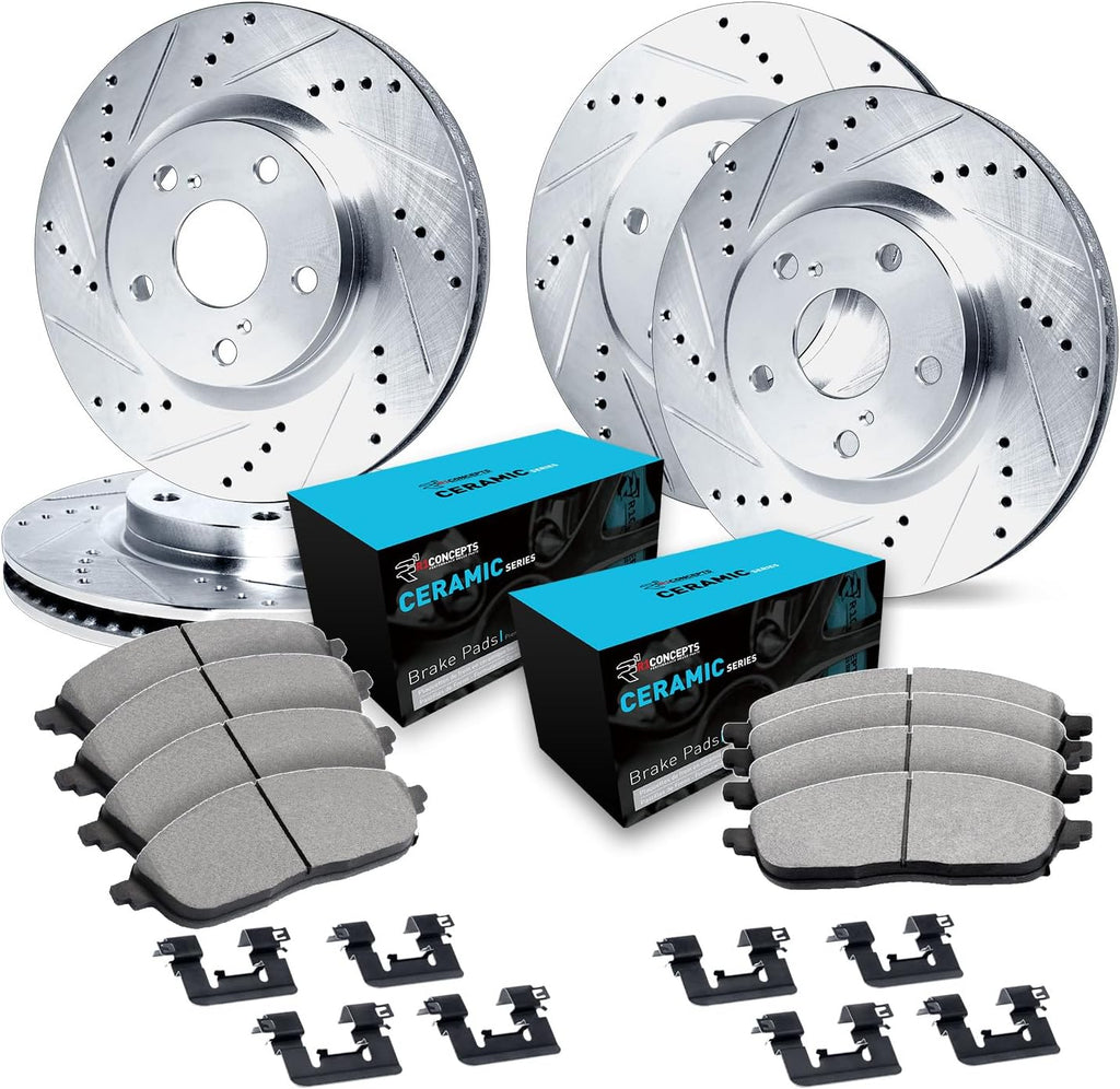 R1 Concepts Front and Rear Brake Kit Fits 2005-2023 Chrysler 300; 2005-2008 Dodge Magnum; 2006-2023 Dodge Charger| Ceramic Pads, Drilled Slotted Rotors| Hardware| 13.6' Front & 12.6' Rear