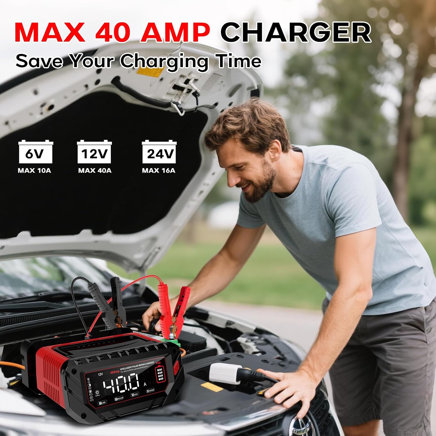 40 Amp Battery Charger, 6V/12V/24V Smart trickle Charger,car Battery Charger,Lithium, Lifepo4, Lead Acid (AGM/Gel/SLA...) Battery maintainer, desulfurizer, for:car, Boat, Motorcycle,Lawn mowers..