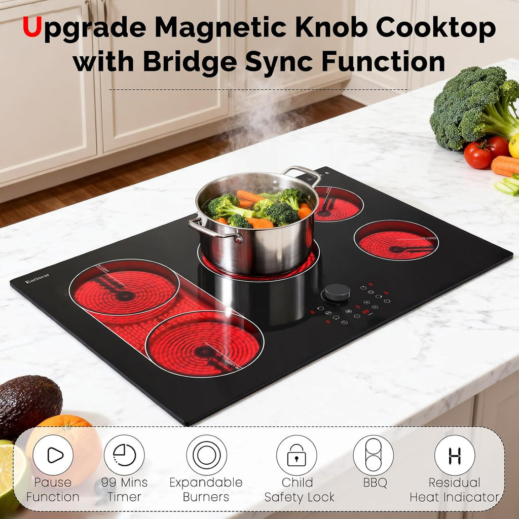 Karinear Electric Cooktop 30 Inch with Magnetic Knob, Bridge BBQ, 5 Burner Radiant Stove Top, 8600W 240V Built-in Hob, 9 Heat Levels, 99-Min Timer, Child Lock, Pause