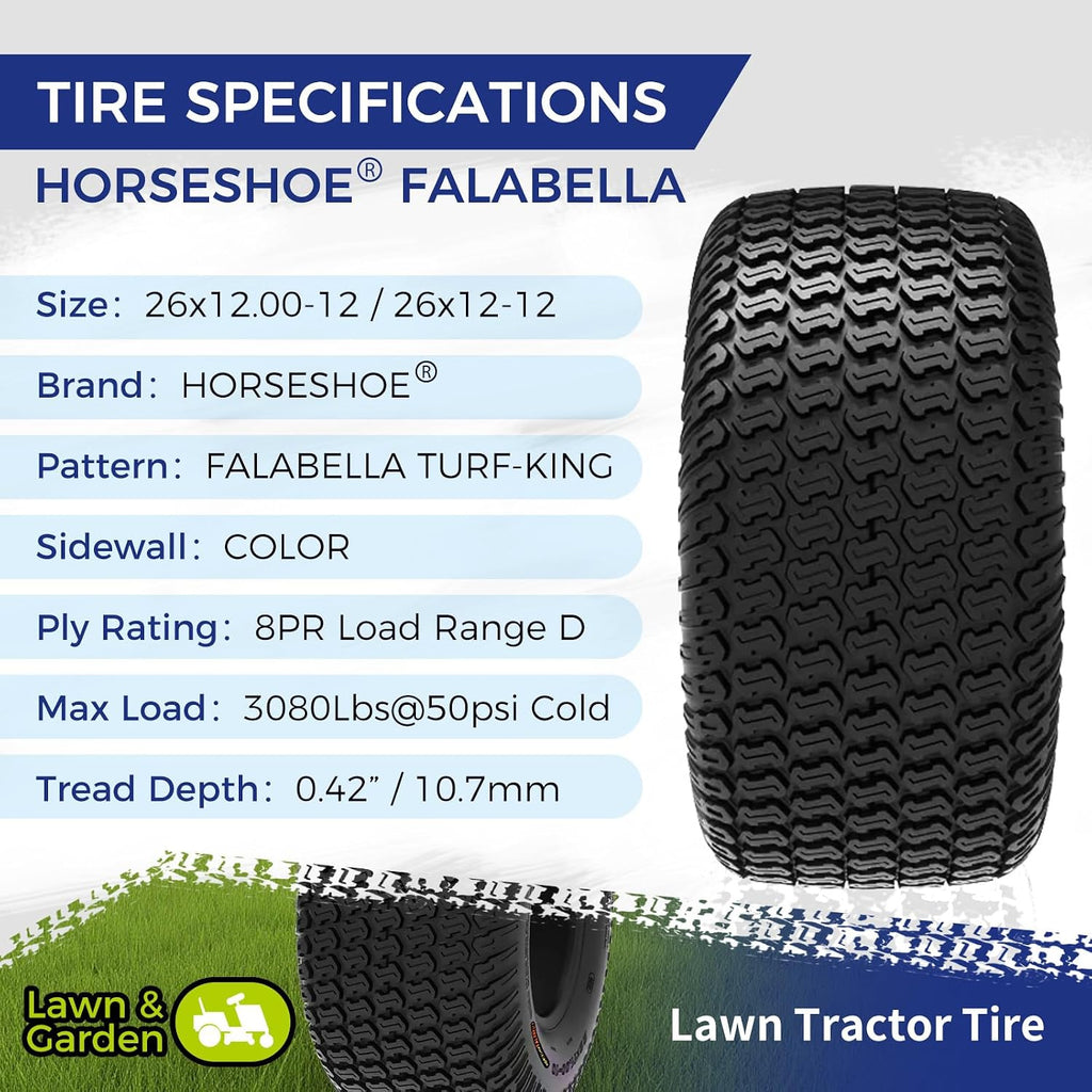 HORSESHOE FALABELLA 2 NEW 26x12.00-12 / 26x12-12 8PR T198 TURF-KING LAWN MOWER TIRES 26120012 LRD Heavy Duty Color-Sidewall (26x12.00-12 8Ply)