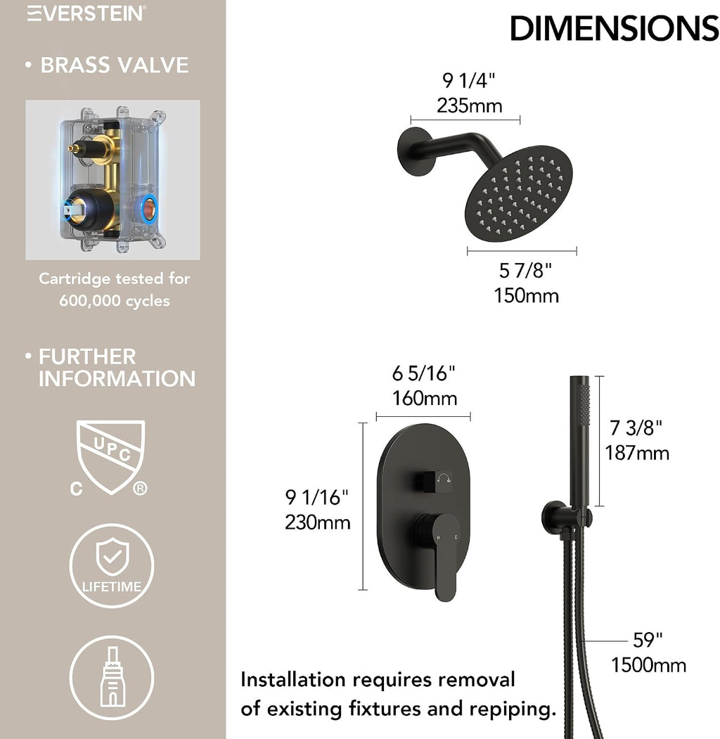 6' High-Pressure Shower System with Handheld Spray, Wall Mount Round Bathroom Shower Faucet Set with Valve (Matte Black)