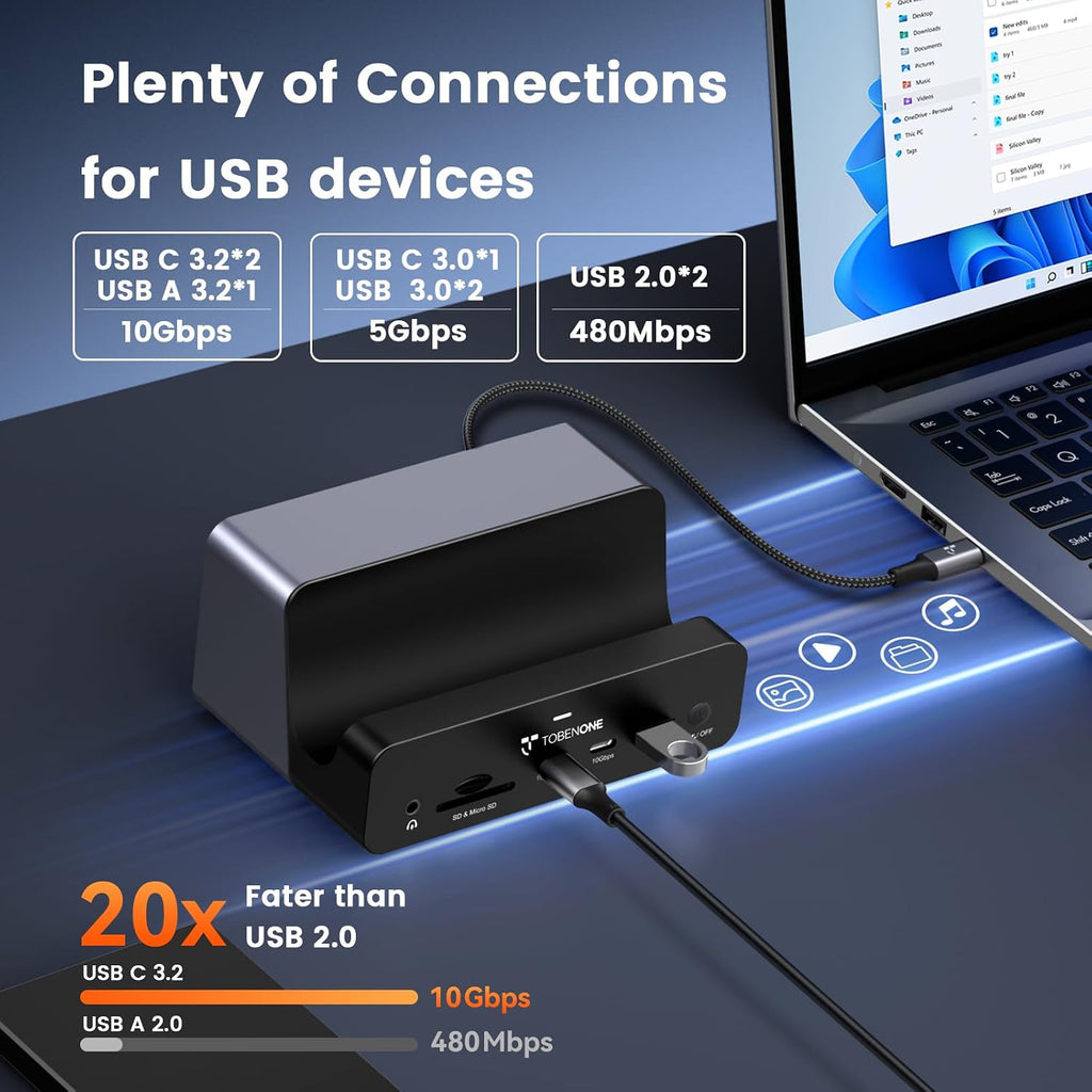 TobenONE 18-in-1 Triple 4K@60Hz Monitor Docking Station with 150W Power Supply, USB C Laptop Docking Station Stand(Single 4K@144Hz), 2.5Gbps Ethernet, 2 HDMI & DP, 8 USB, for Windows&ChromeOS