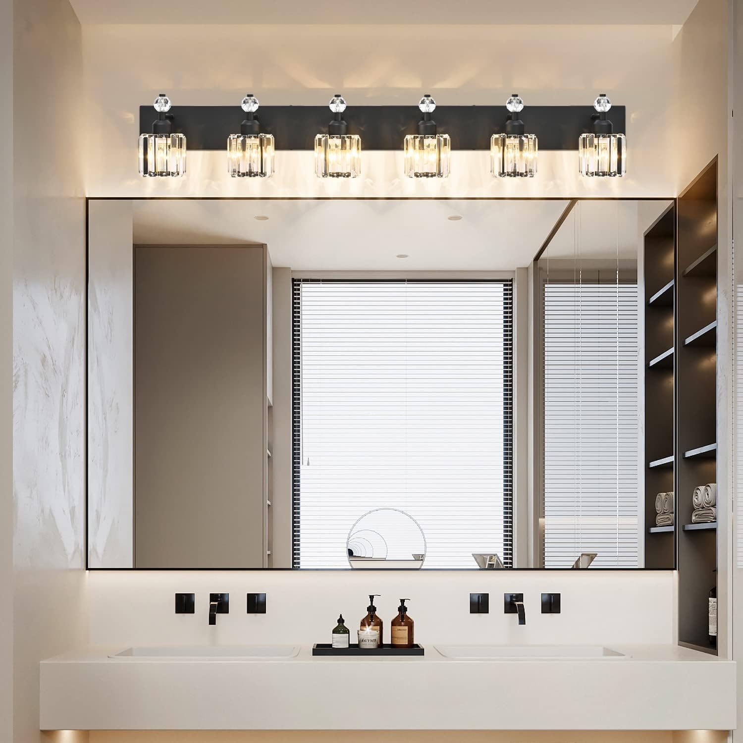 PRESDE 6-Light Crystal Bathroom Lights Fixtures Modern Matte Black Bathroom Lights Fixtures Over Mirror Bath Wall Lighting